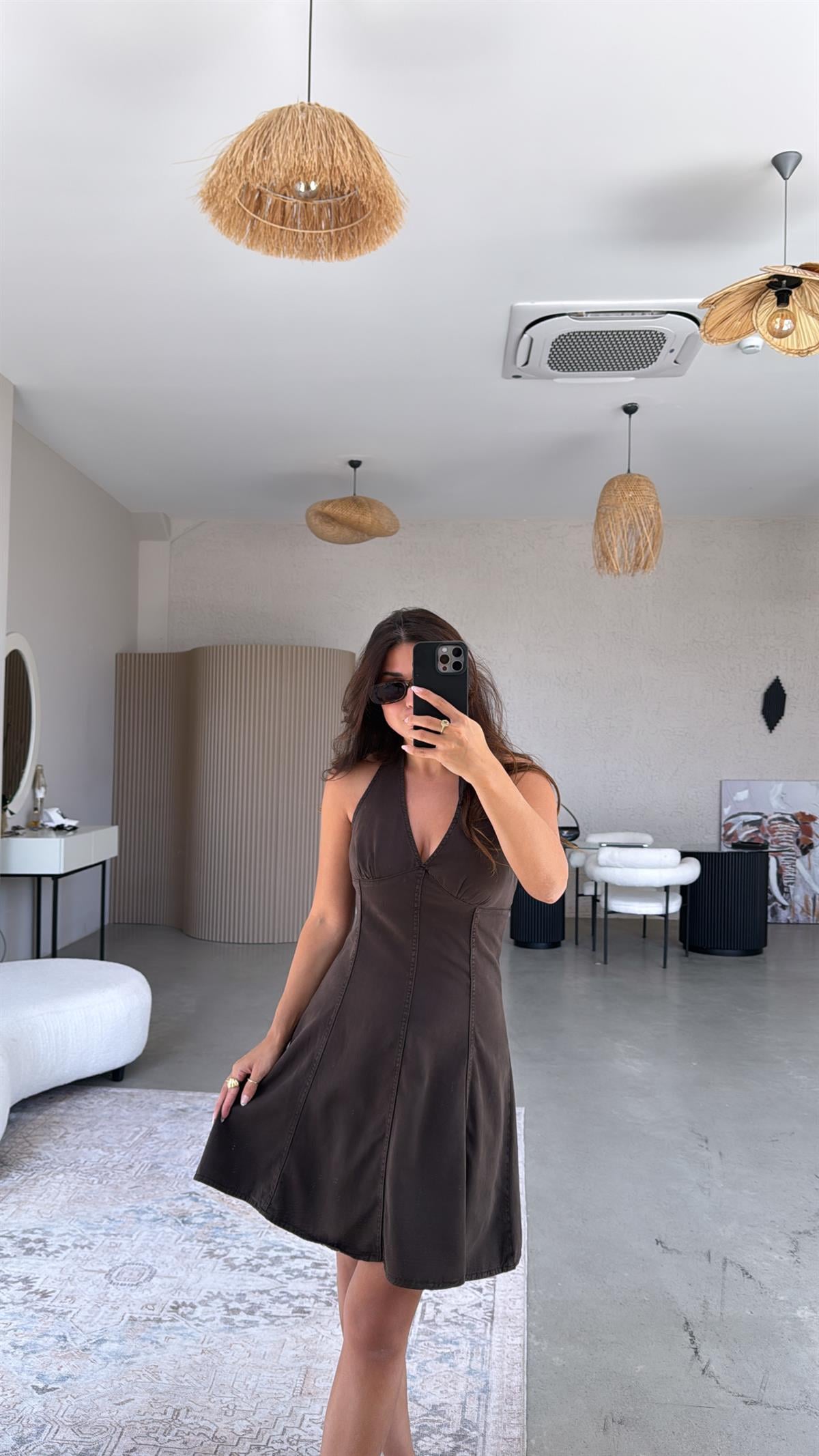 Kahverengi Yıkamalı Denim Boyundan Bağlamalı Elbise