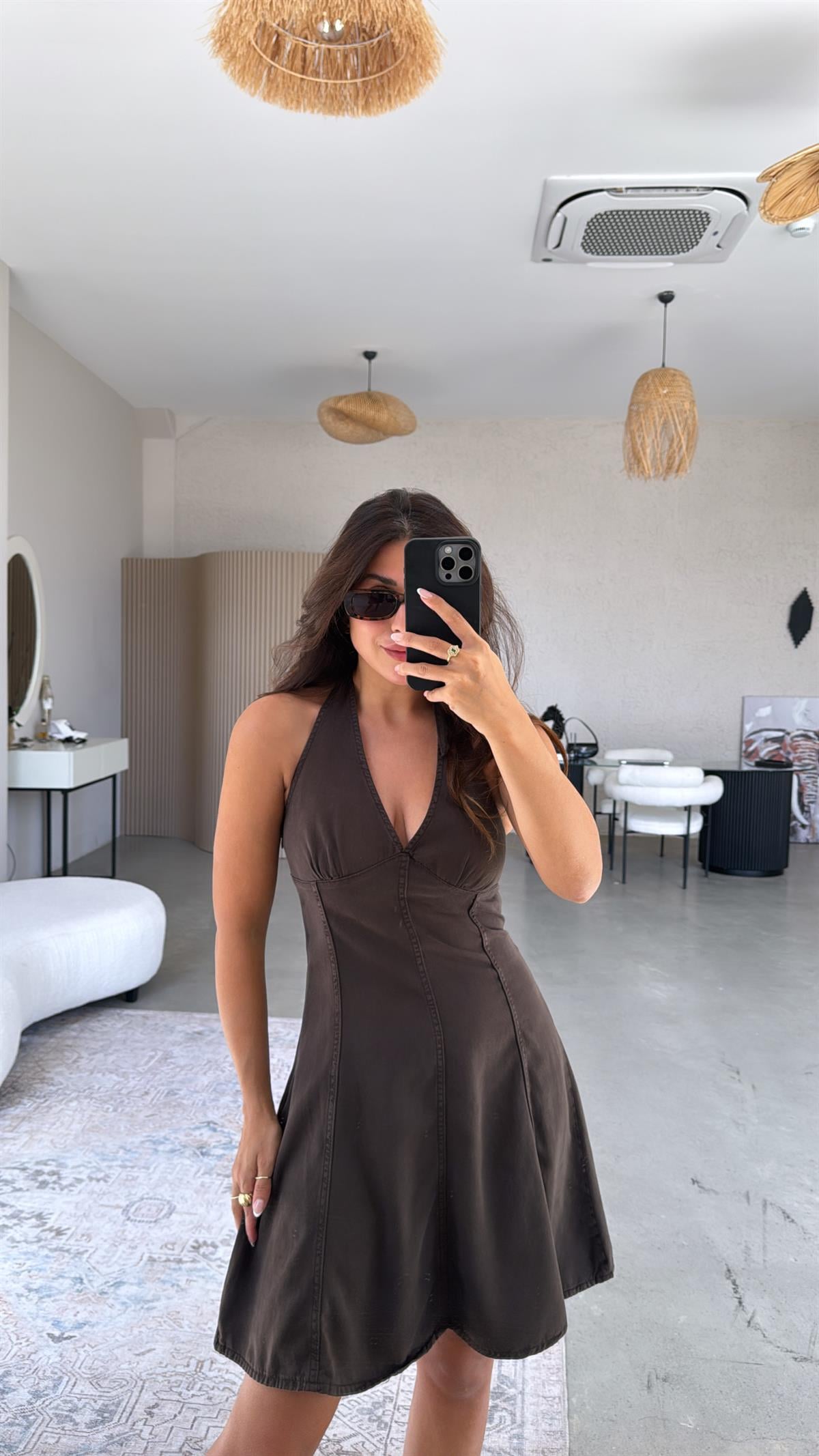 Kahverengi Yıkamalı Denim Boyundan Bağlamalı Elbise