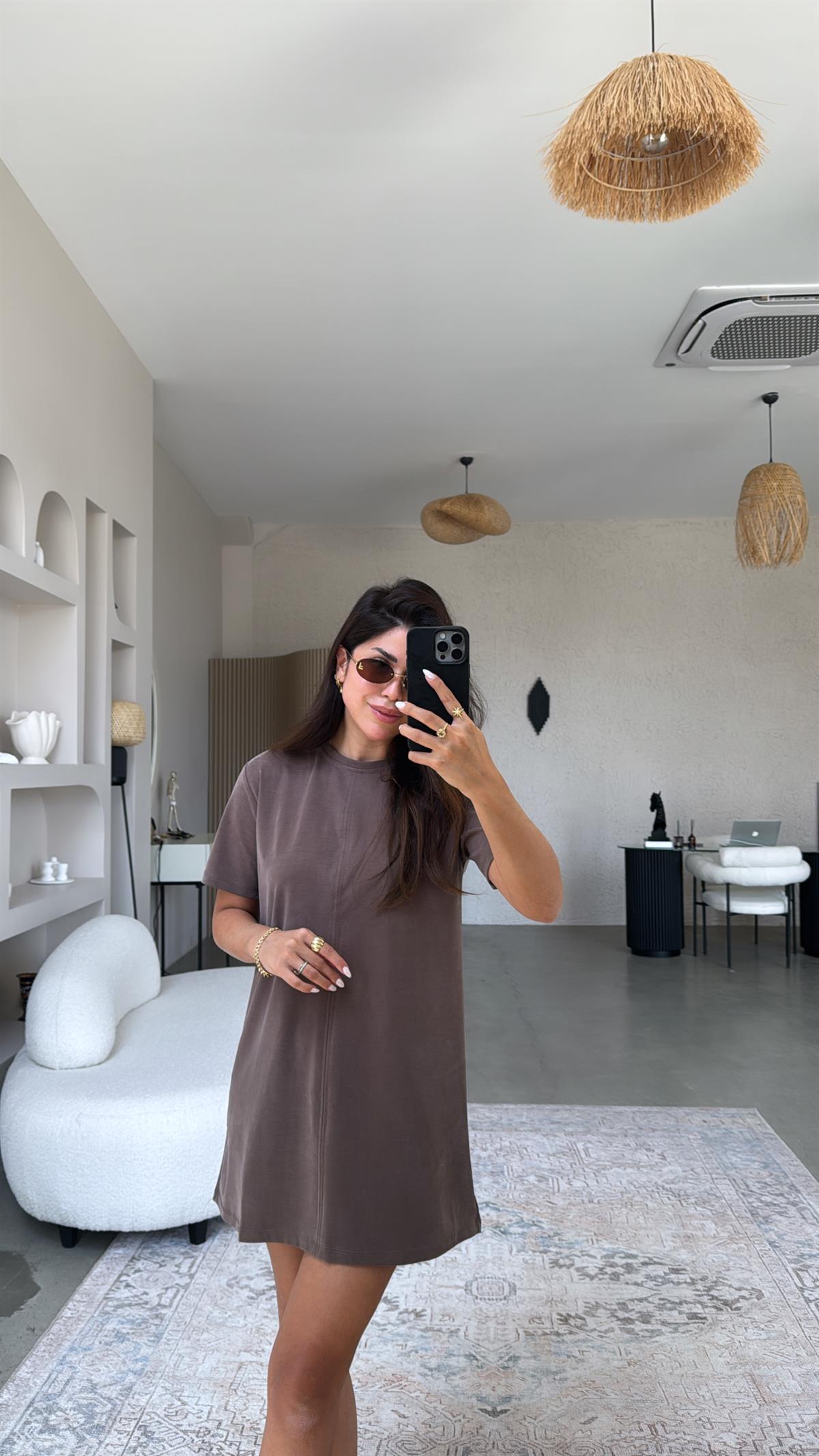 Kahverengi Yıkamalı Mini Elbise