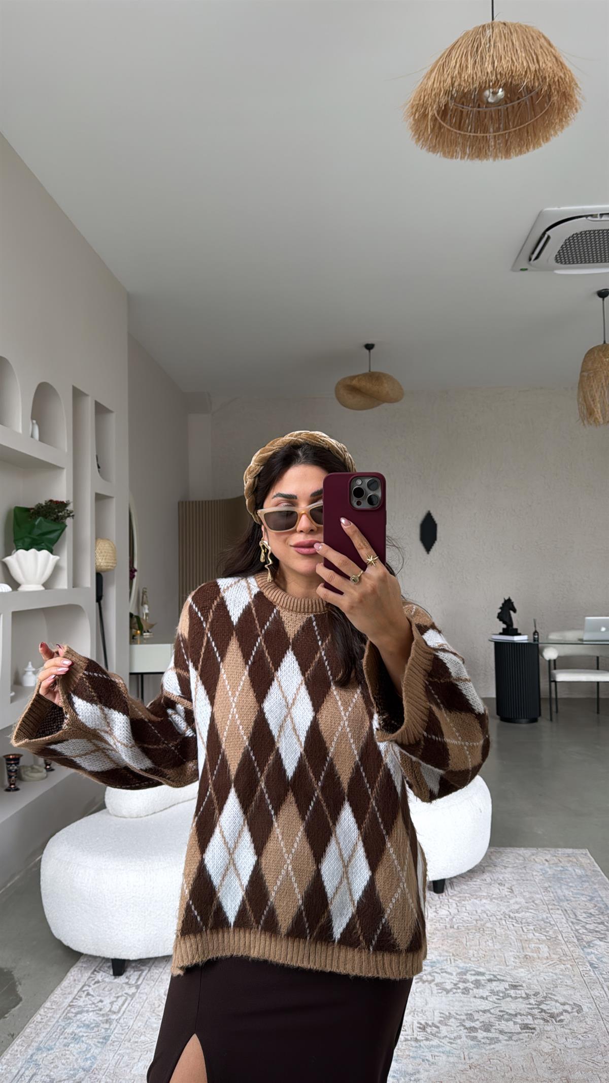 Kahverengi Yırtmaçlı Baklavalı Kazak