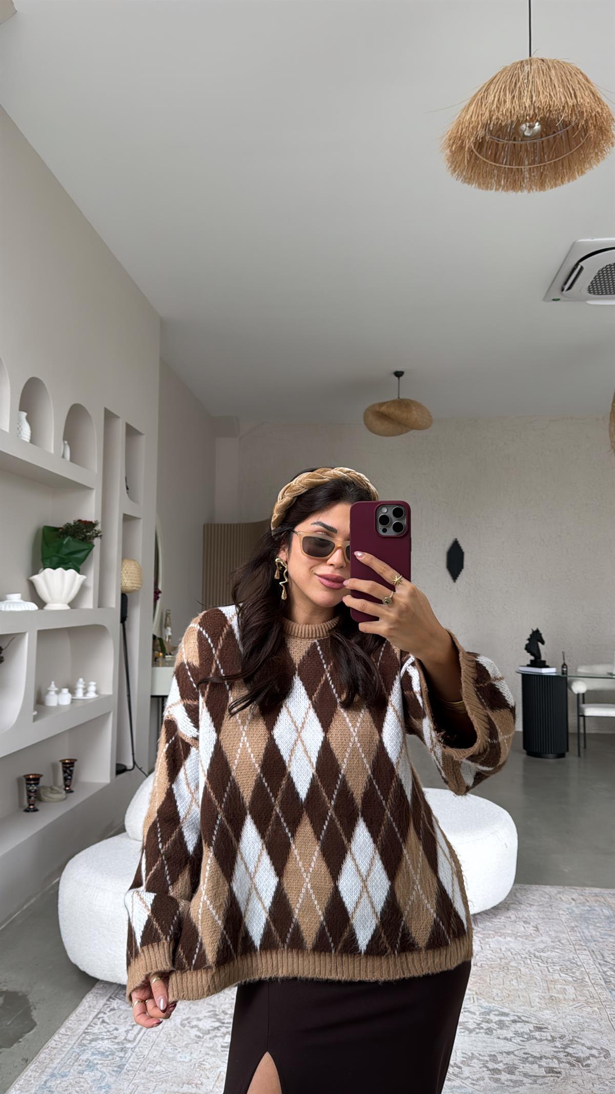 Kahverengi Yırtmaçlı Baklavalı Kazak