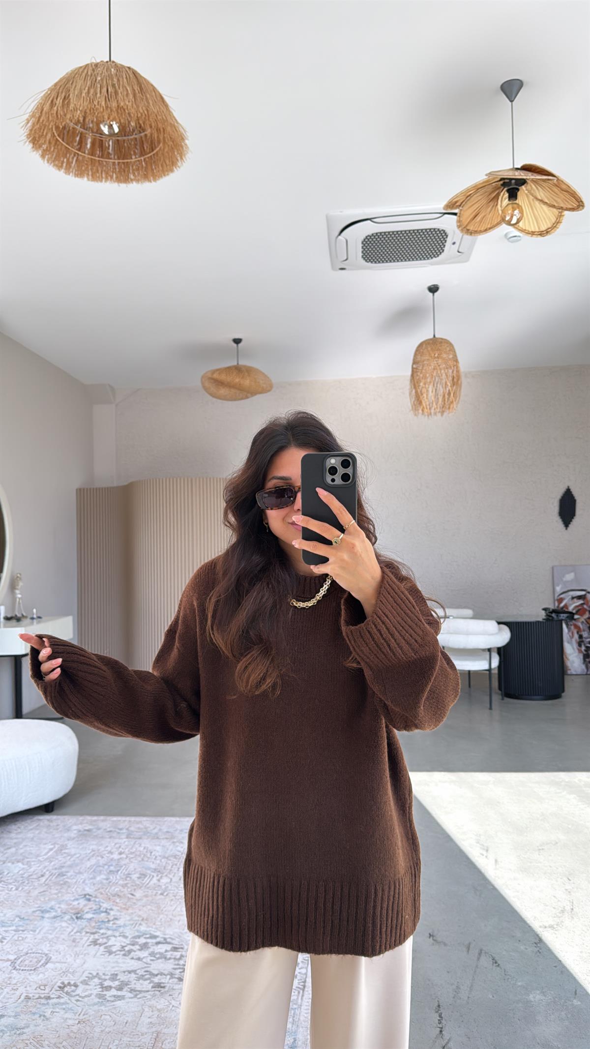 Kahverengi Yumoş Bisiklet Yaka Basic Kazak