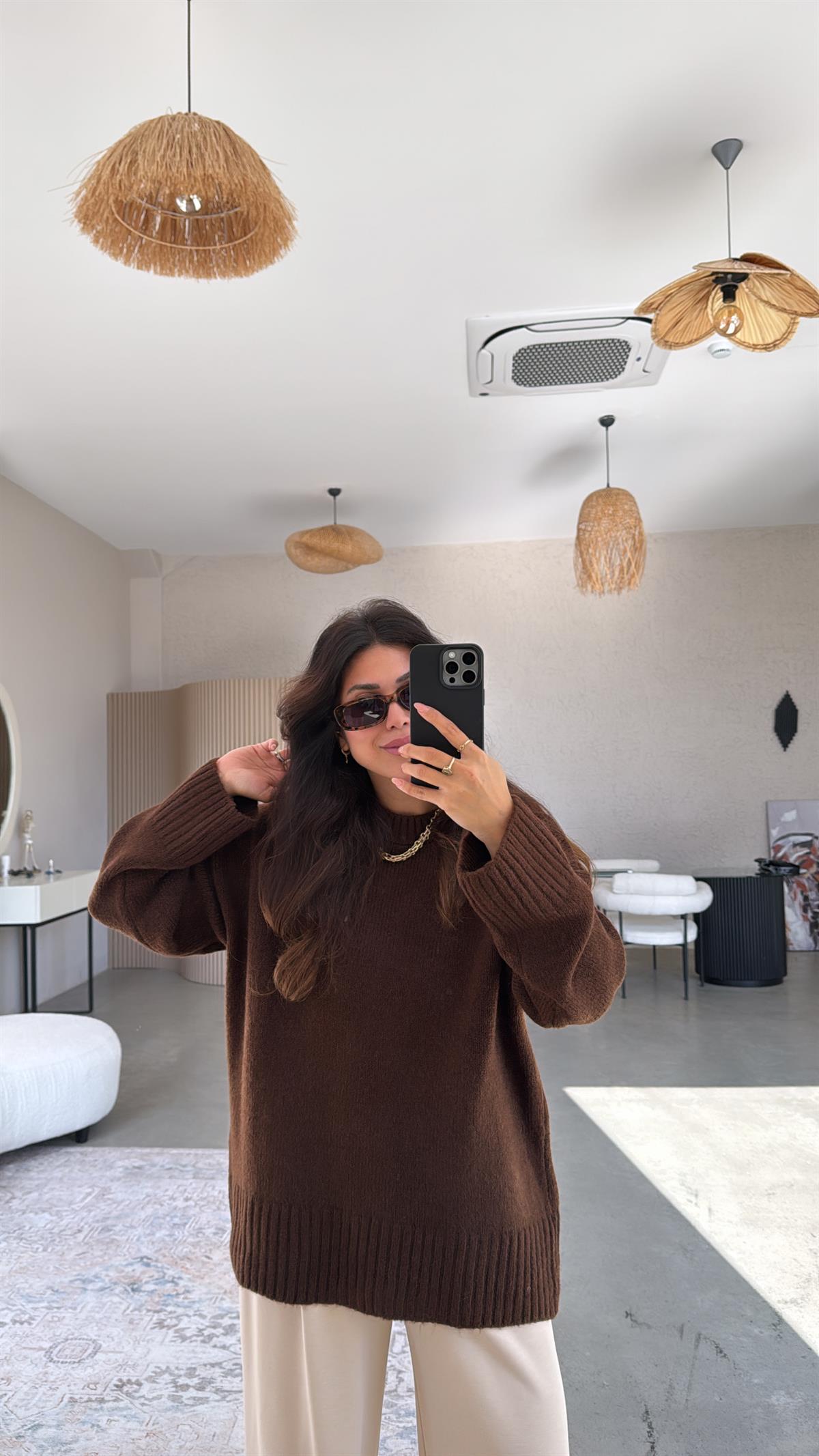 Kahverengi Yumoş Bisiklet Yaka Basic Kazak