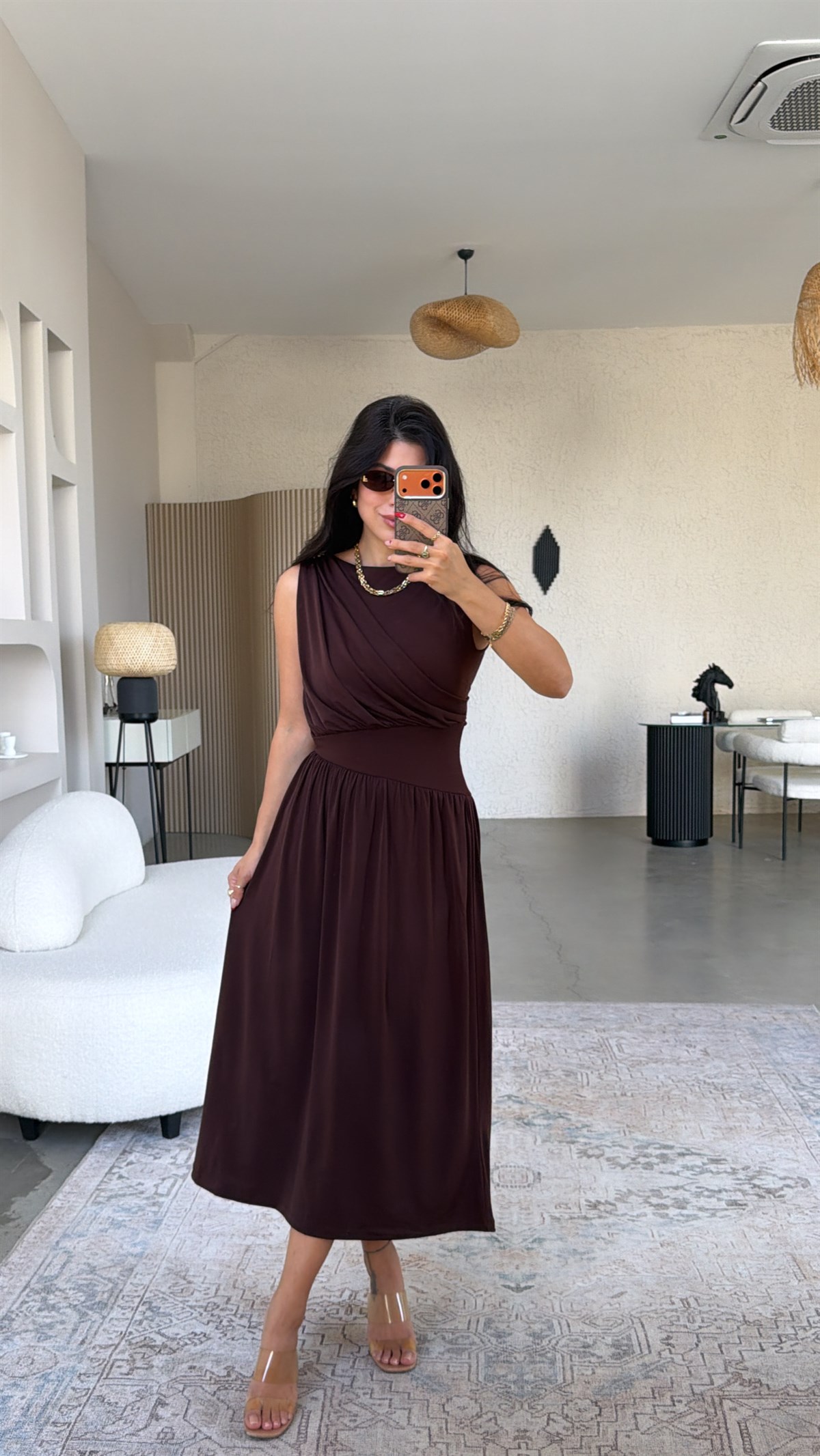 Kahverengi ZR Model Drape Detaylı Midi Elbise