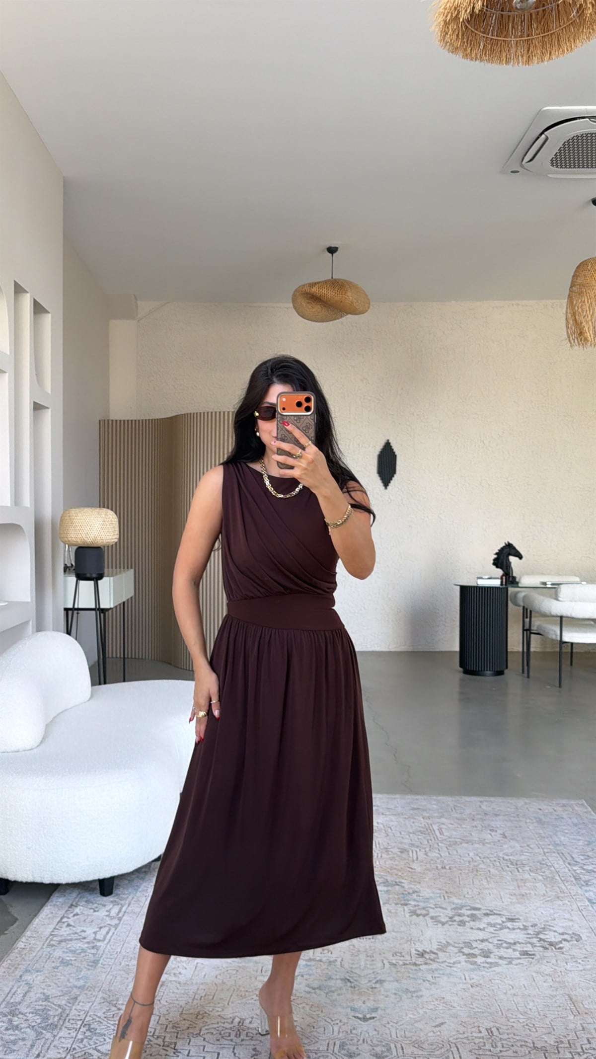Kahverengi ZR Model Drape Detaylı Midi Elbise