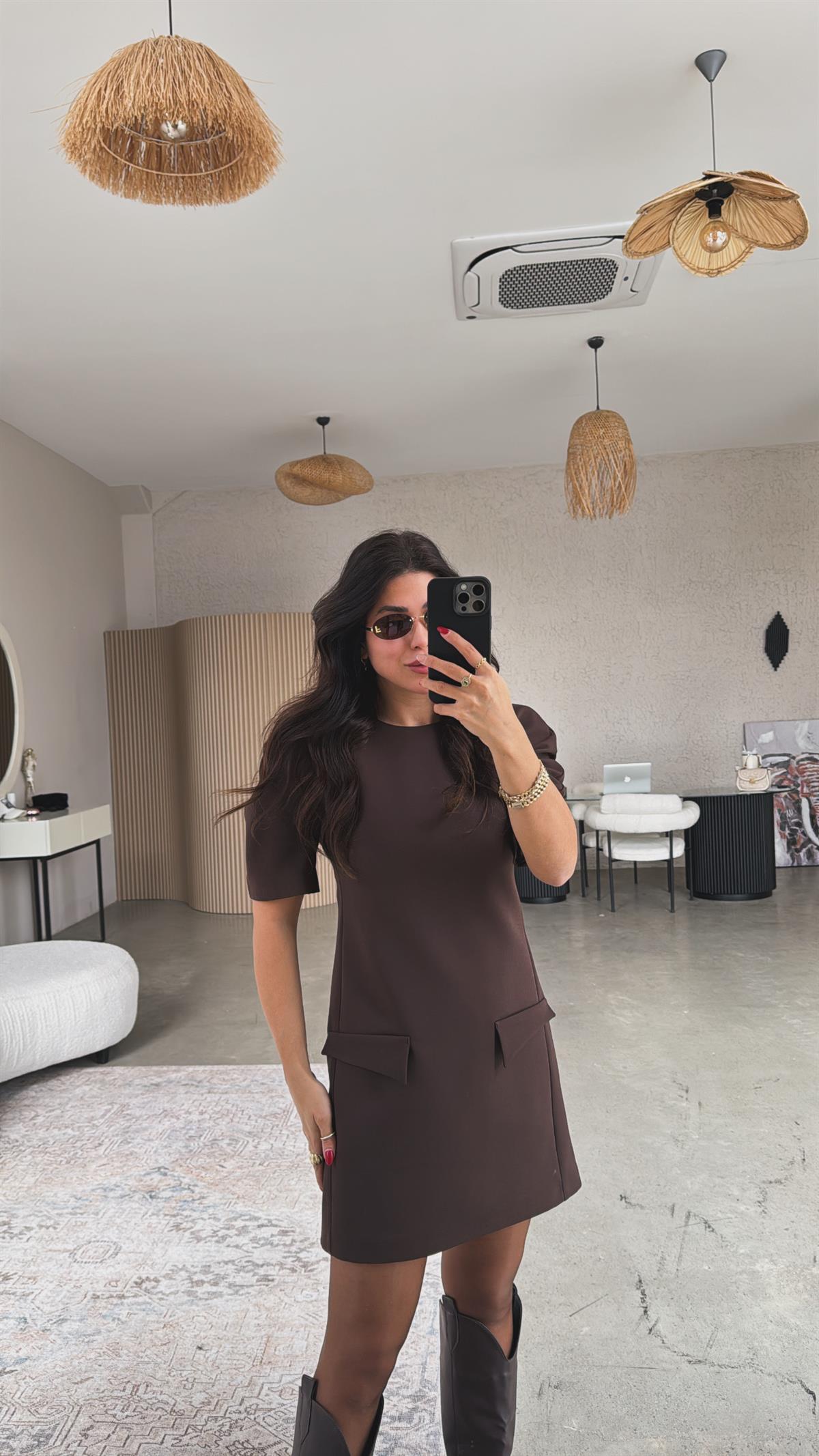 Kahverengi ZR Model Premium Kapak Cepli Kumaş Elbise