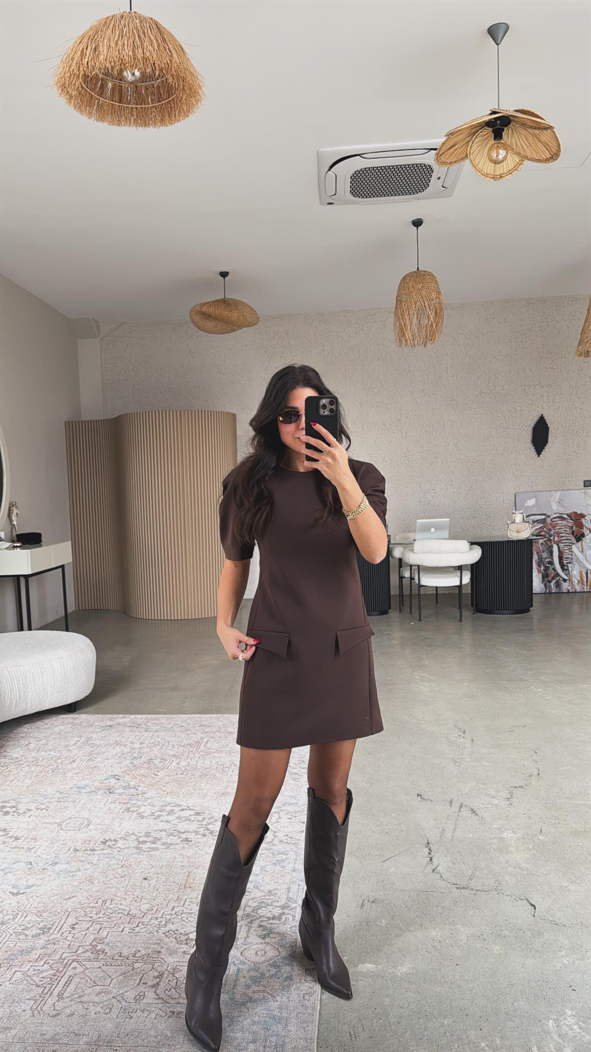 Kahverengi ZR Model Premium Kapak Cepli Kumaş Elbise