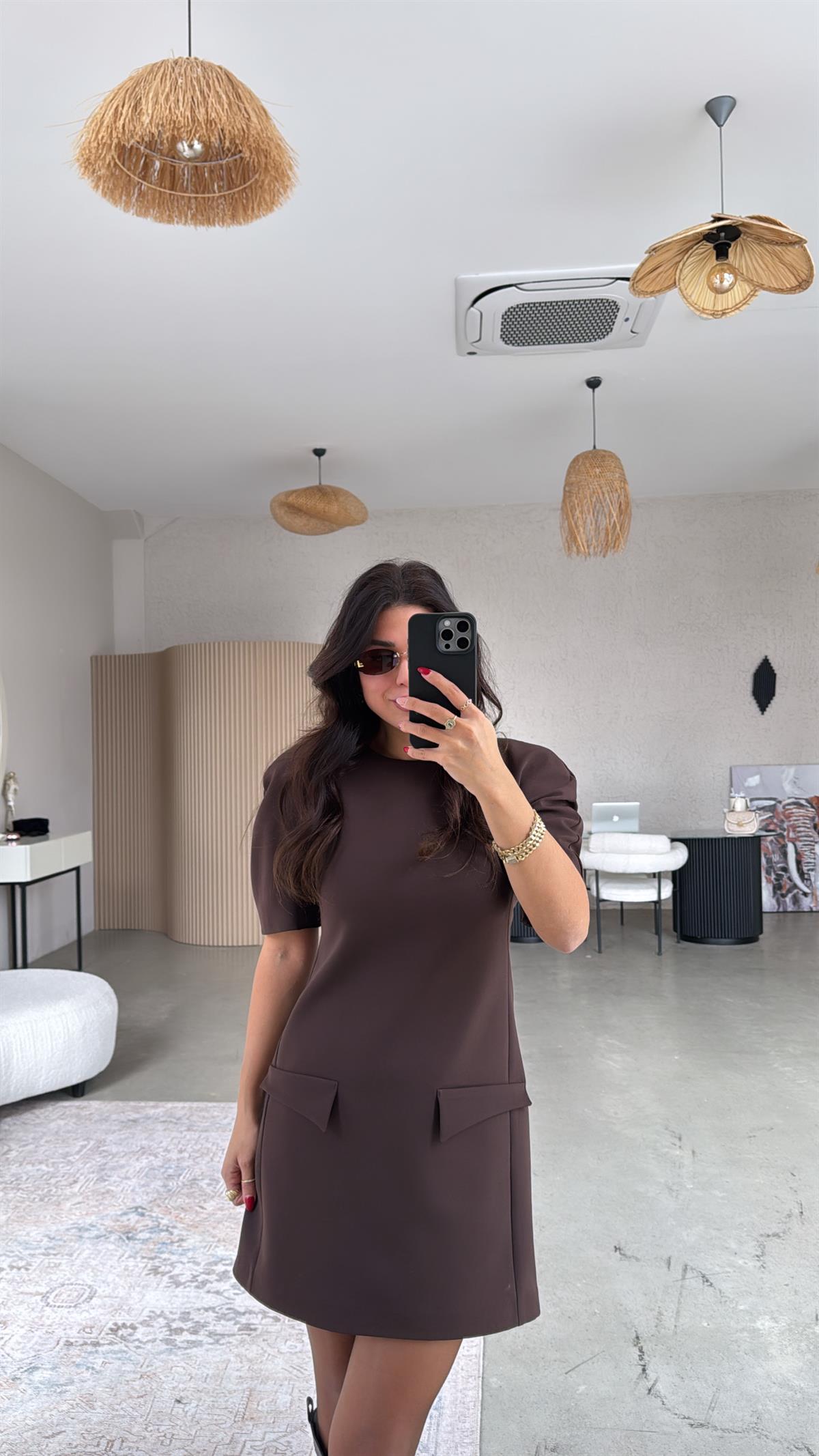 Kahverengi ZR Model Premium Kapak Cepli Kumaş Elbise