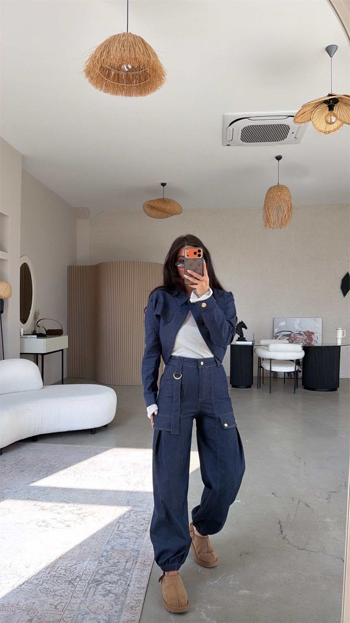 Kargo Cepli Likralı Yüksek Bel Denim Pantolon