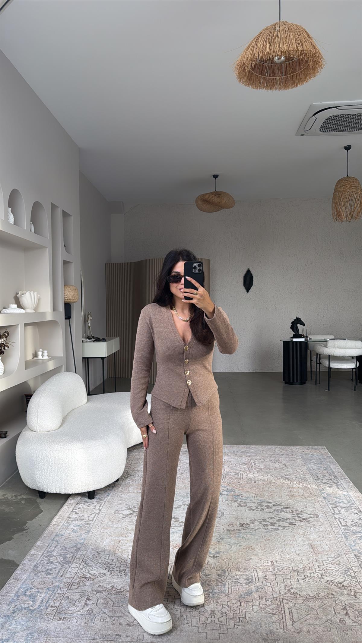 Kırçıllı Kahverengi Selanik Triko ZR model Hırka Pantolon Takım