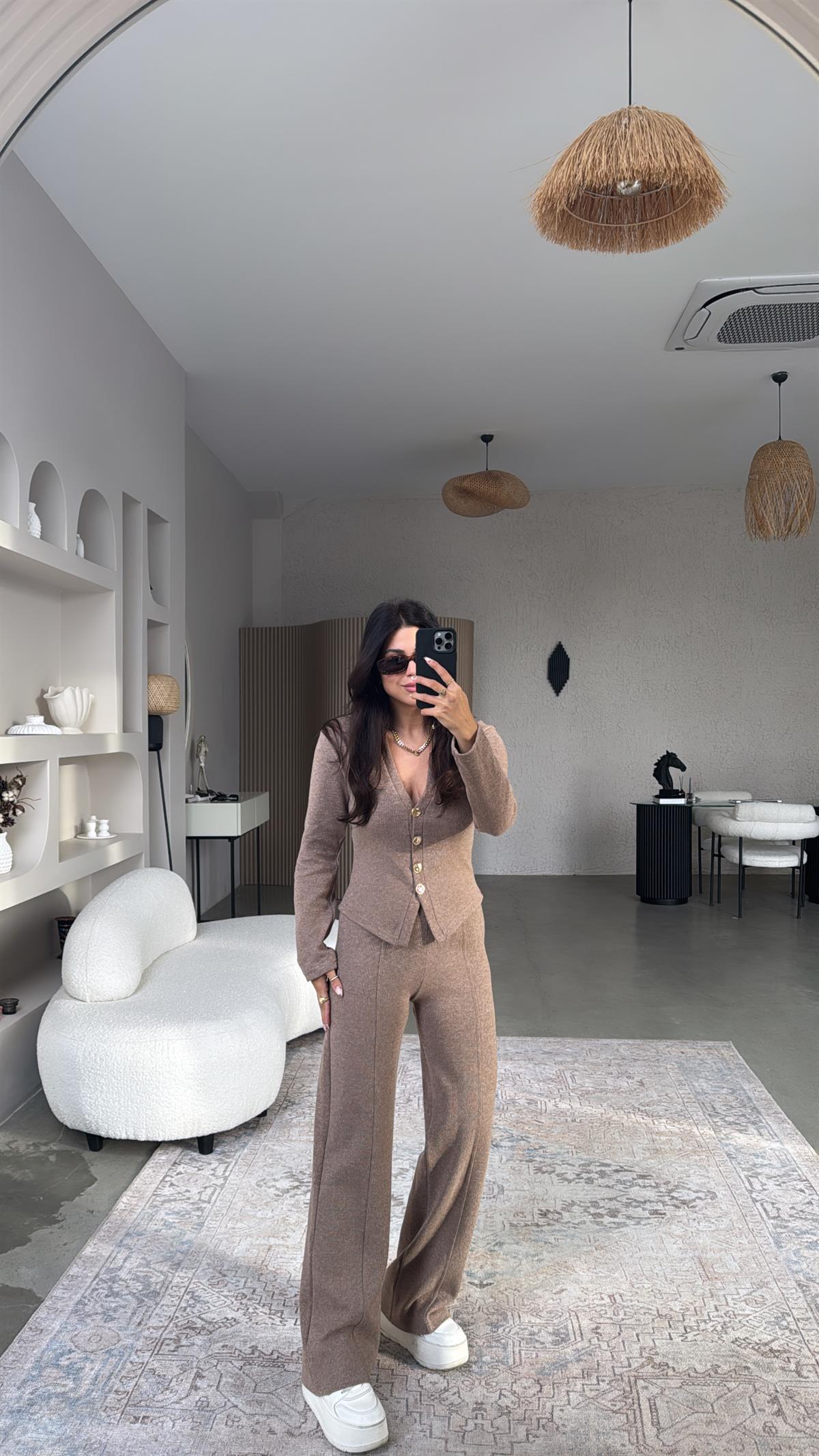 Kırçıllı Kahverengi Selanik Triko ZR model Hırka Pantolon Takım