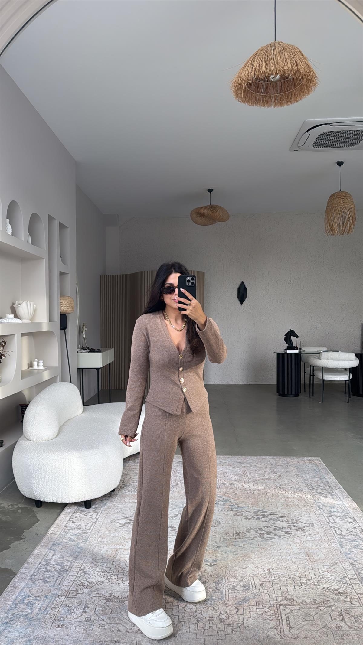 Kırçıllı Kahverengi Selanik Triko ZR model Hırka Pantolon Takım