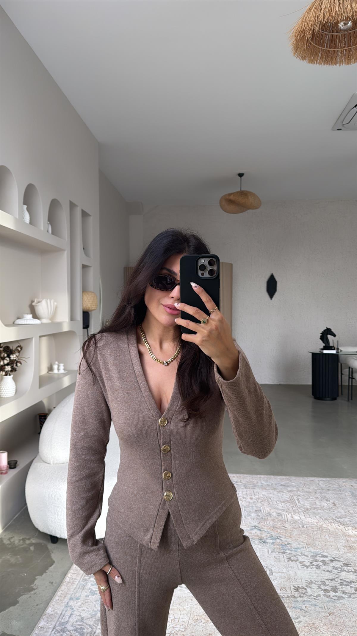 Kırçıllı Kahverengi Selanik Triko ZR model Hırka Pantolon Takım