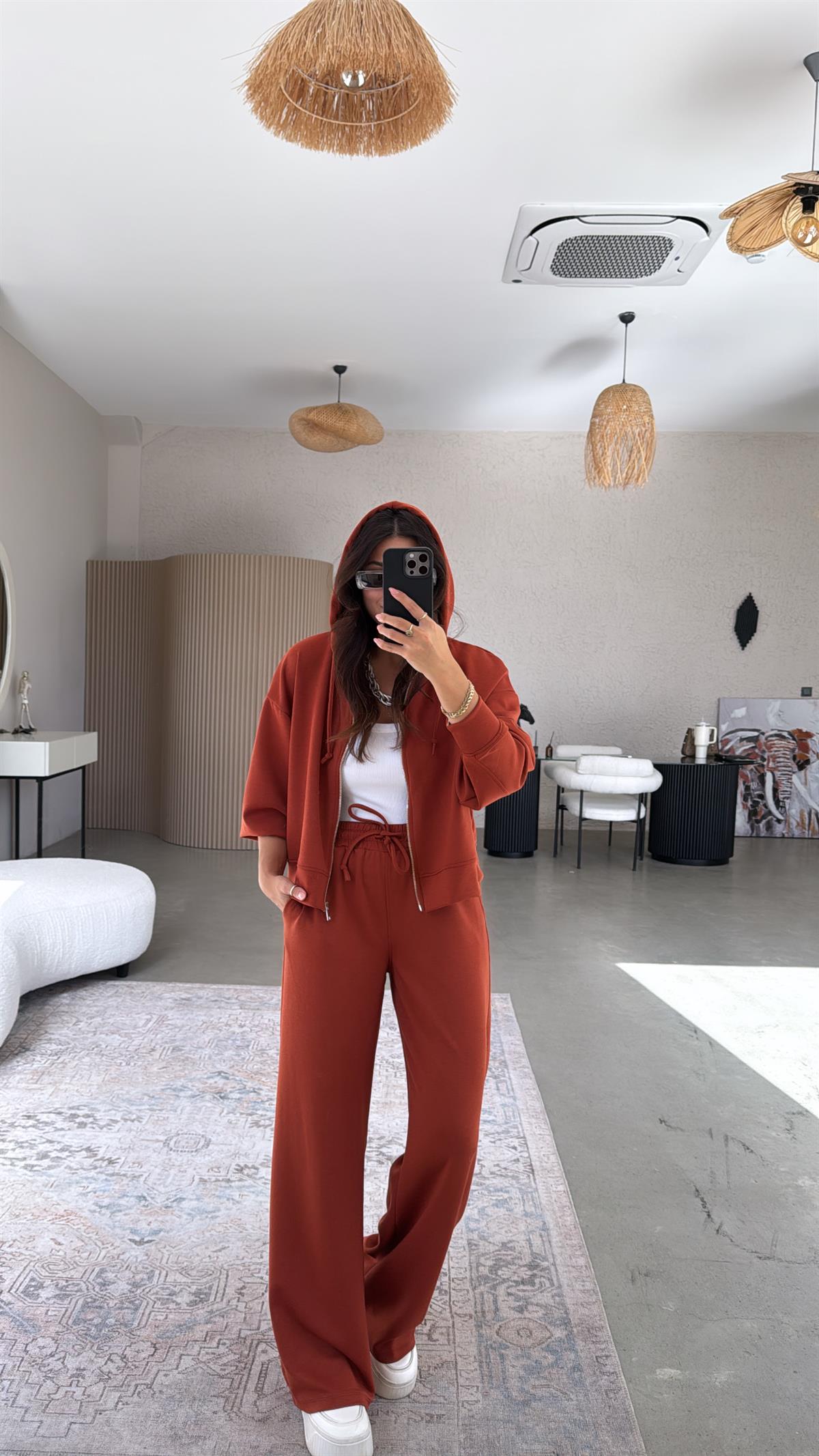 Kiremit Fermuarlı Ceketli Modal Eşofman Takım