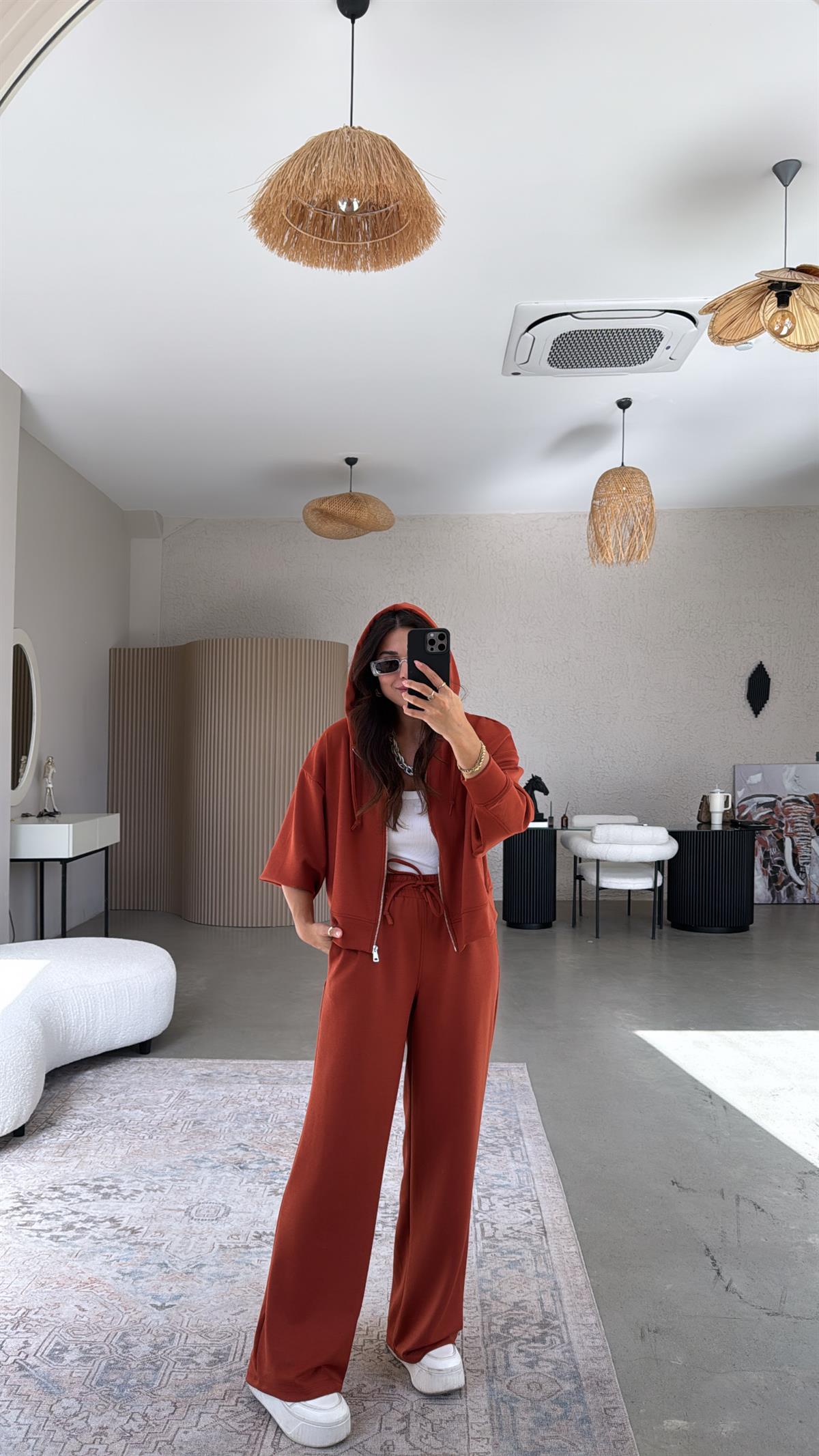 Kiremit Fermuarlı Ceketli Modal Eşofman Takım