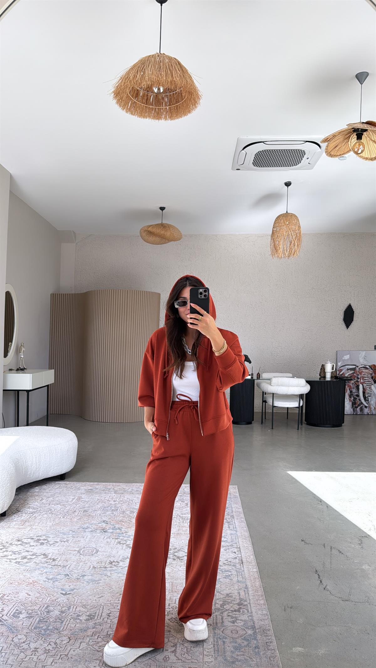 Kiremit Fermuarlı Ceketli Modal Eşofman Takım