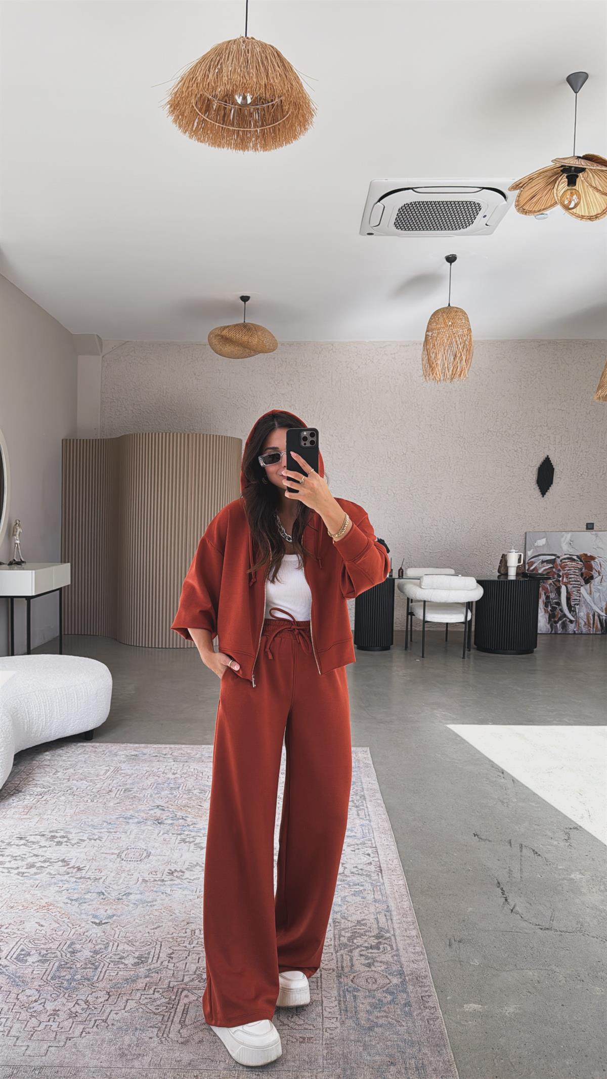 Kiremit Fermuarlı Ceketli Modal Eşofman Takım