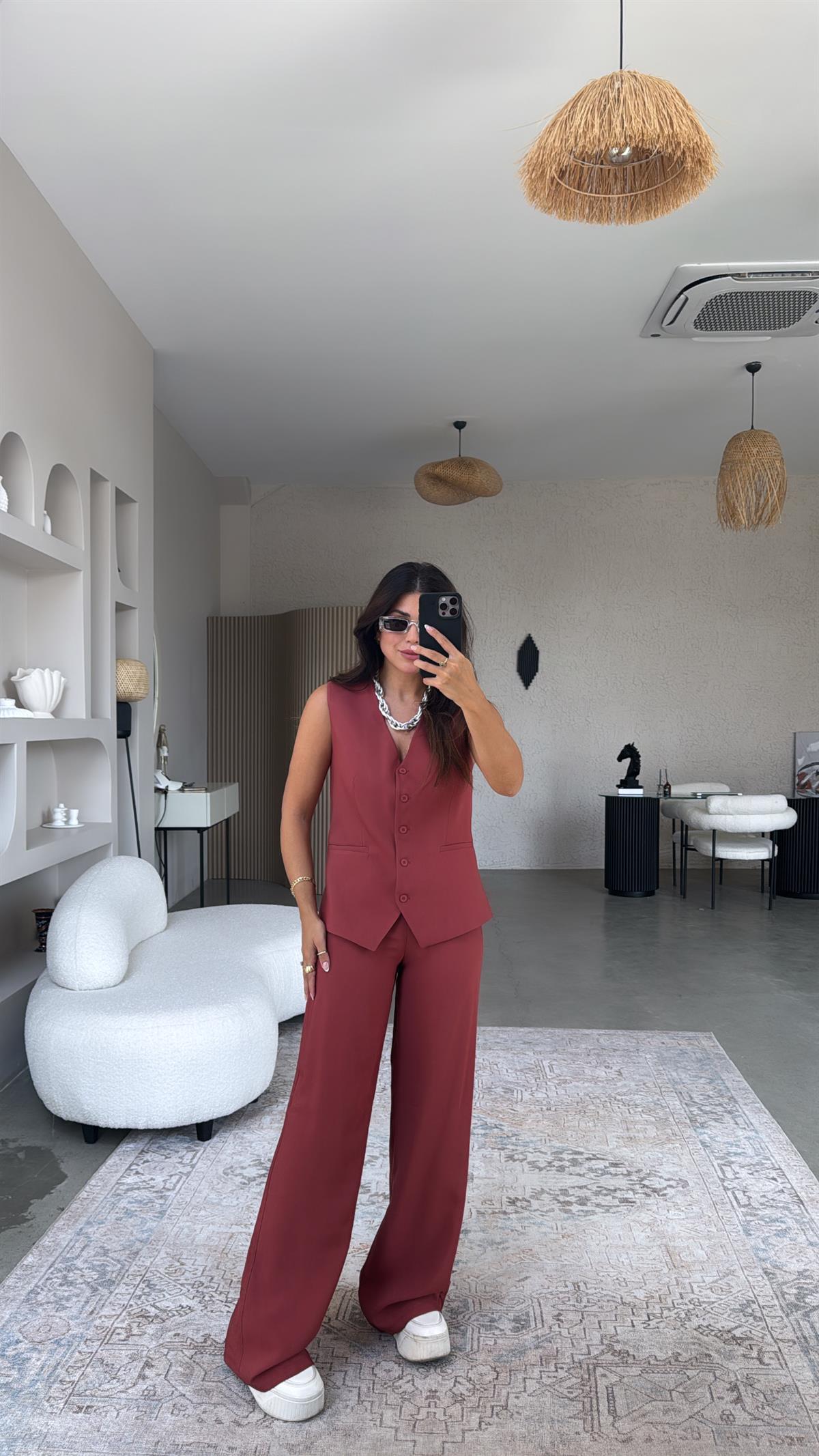 Kiremit Kumaş Pantolon ve Yelek Takım