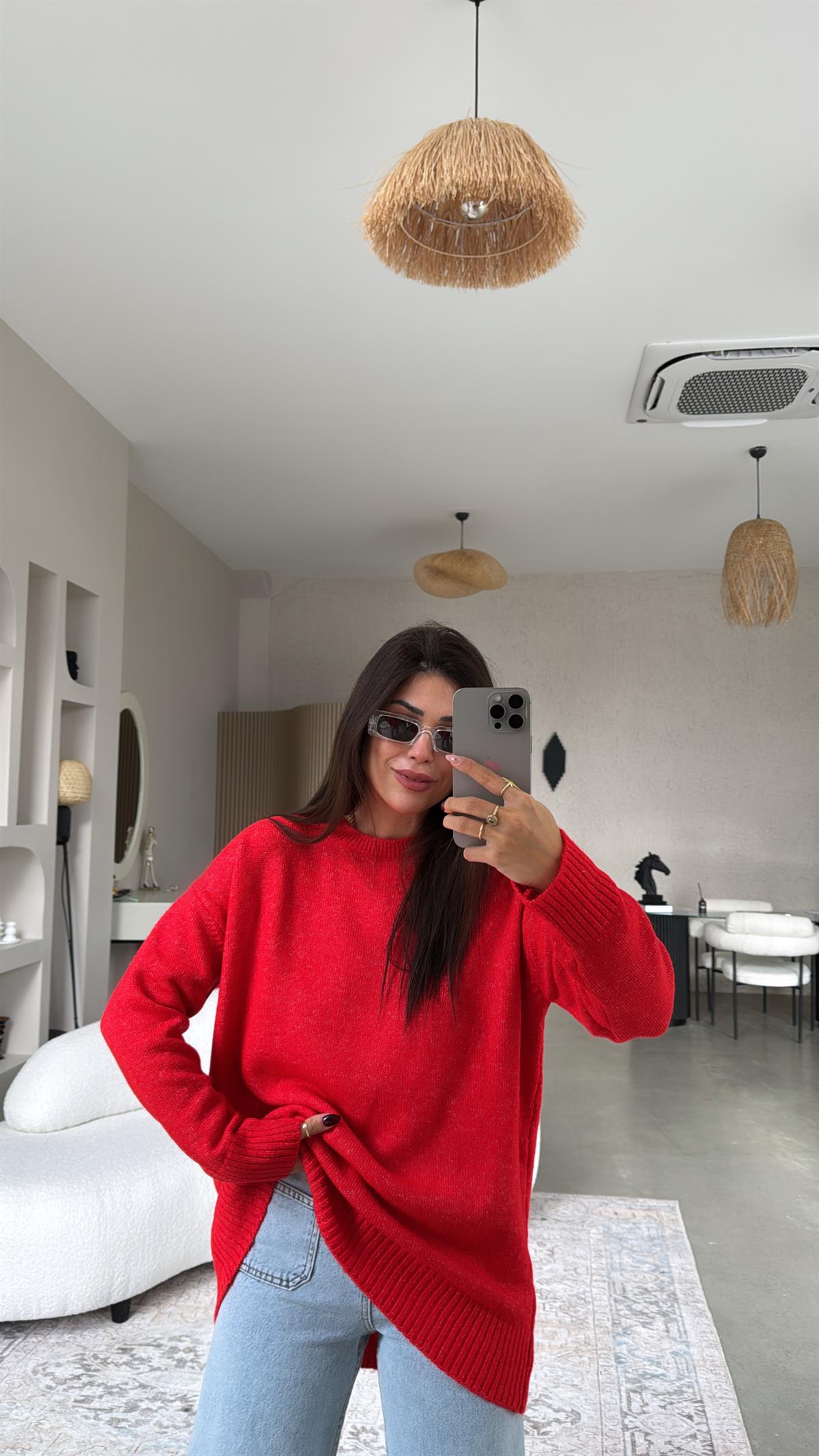 Kırmızı Bisiklet Yaka Yumoş Kazak