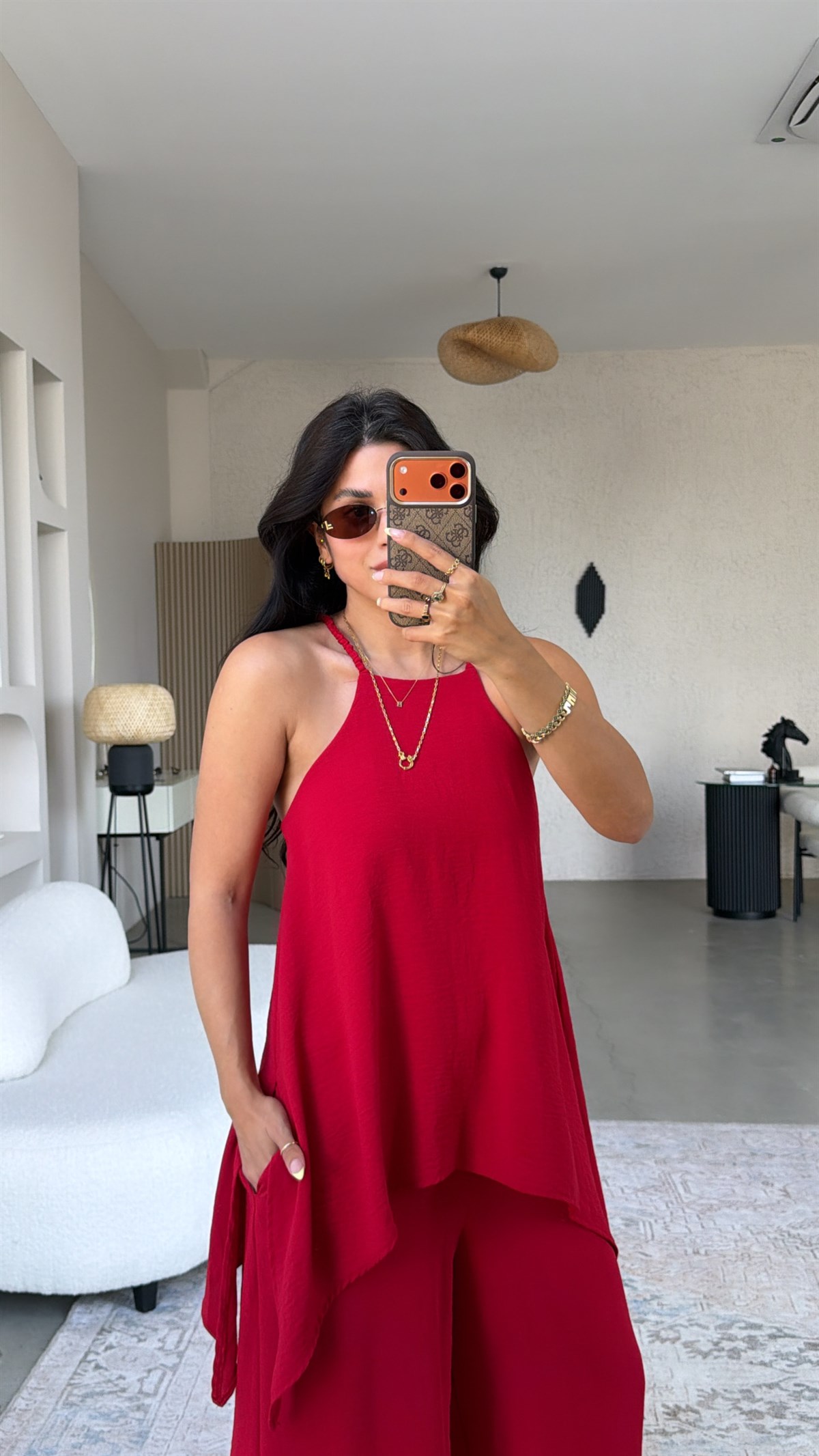 Kırmızı Bluz Pantolon Görünümlü Tiril Tulum