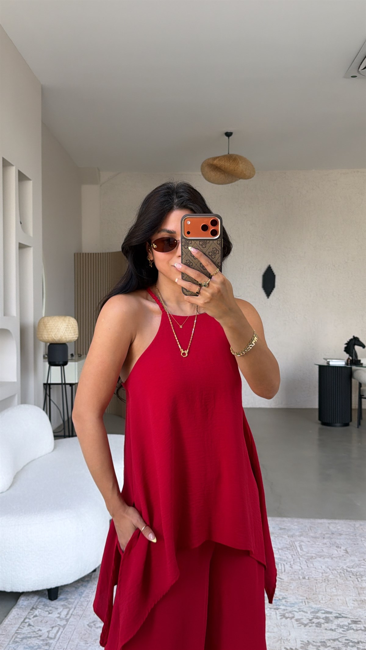 Kırmızı Bluz Pantolon Görünümlü Tiril Tulum