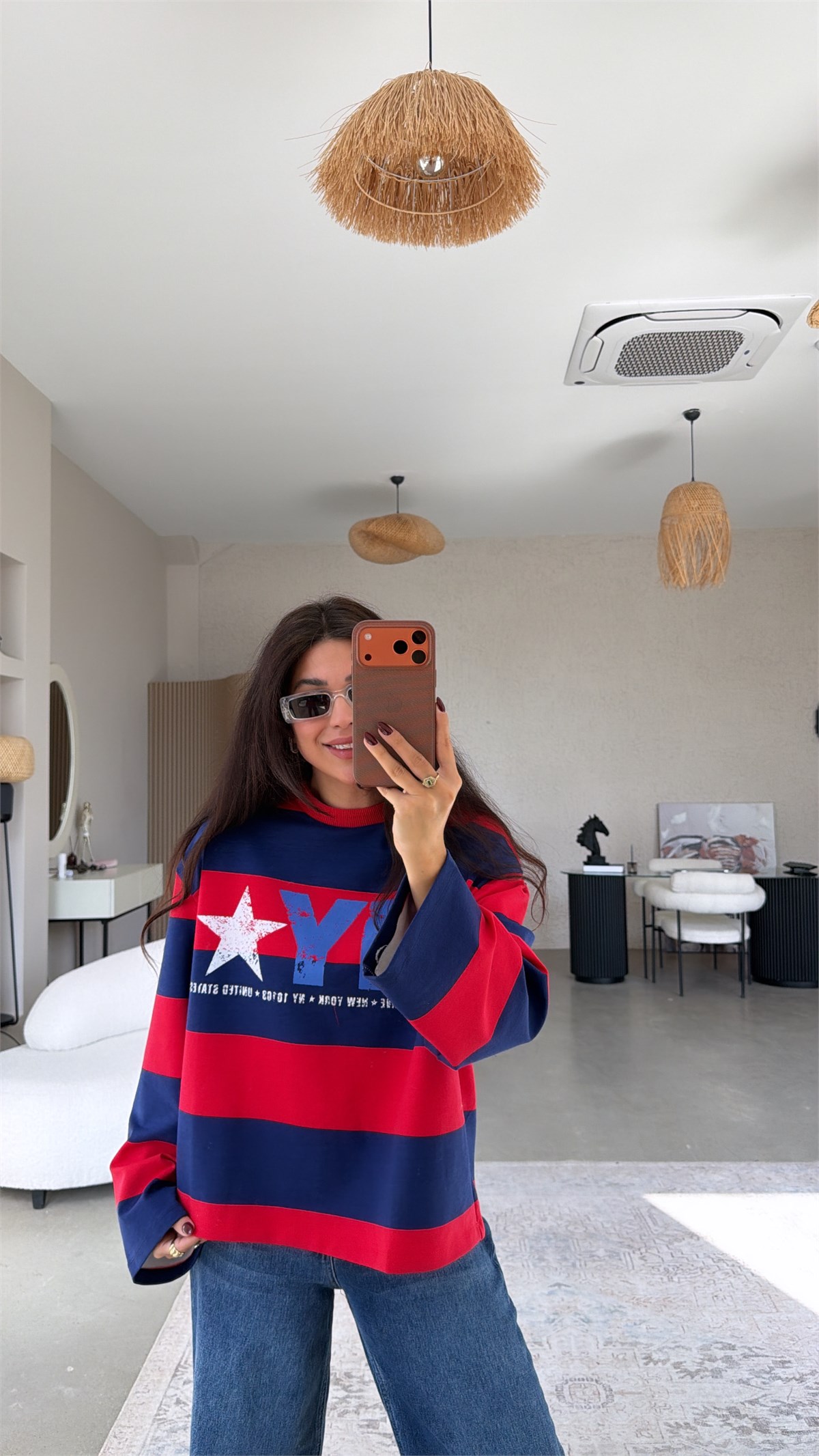 Kırmızı Çizgili NY İki İplik Sweatshirt