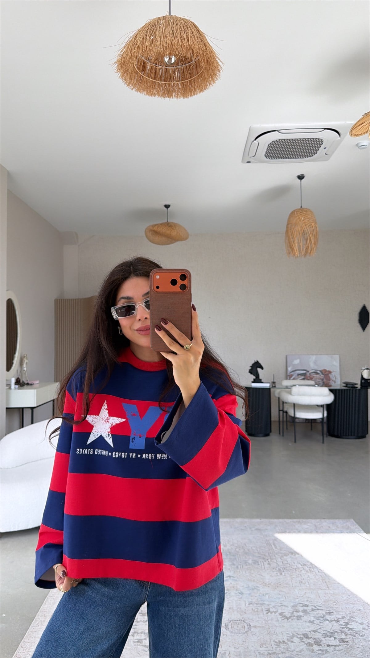 Kırmızı Çizgili NY İki İplik Sweatshirt