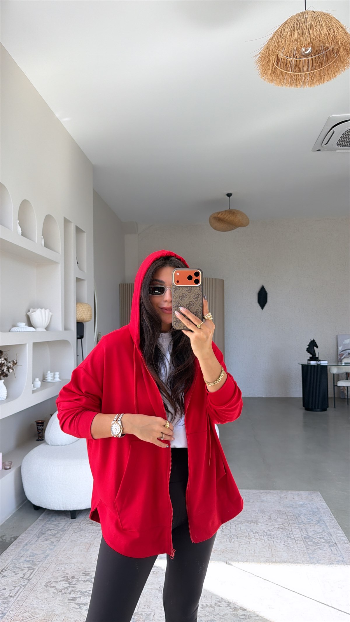 Kırmızı Fermuarlı Cepli Modal Hoodie