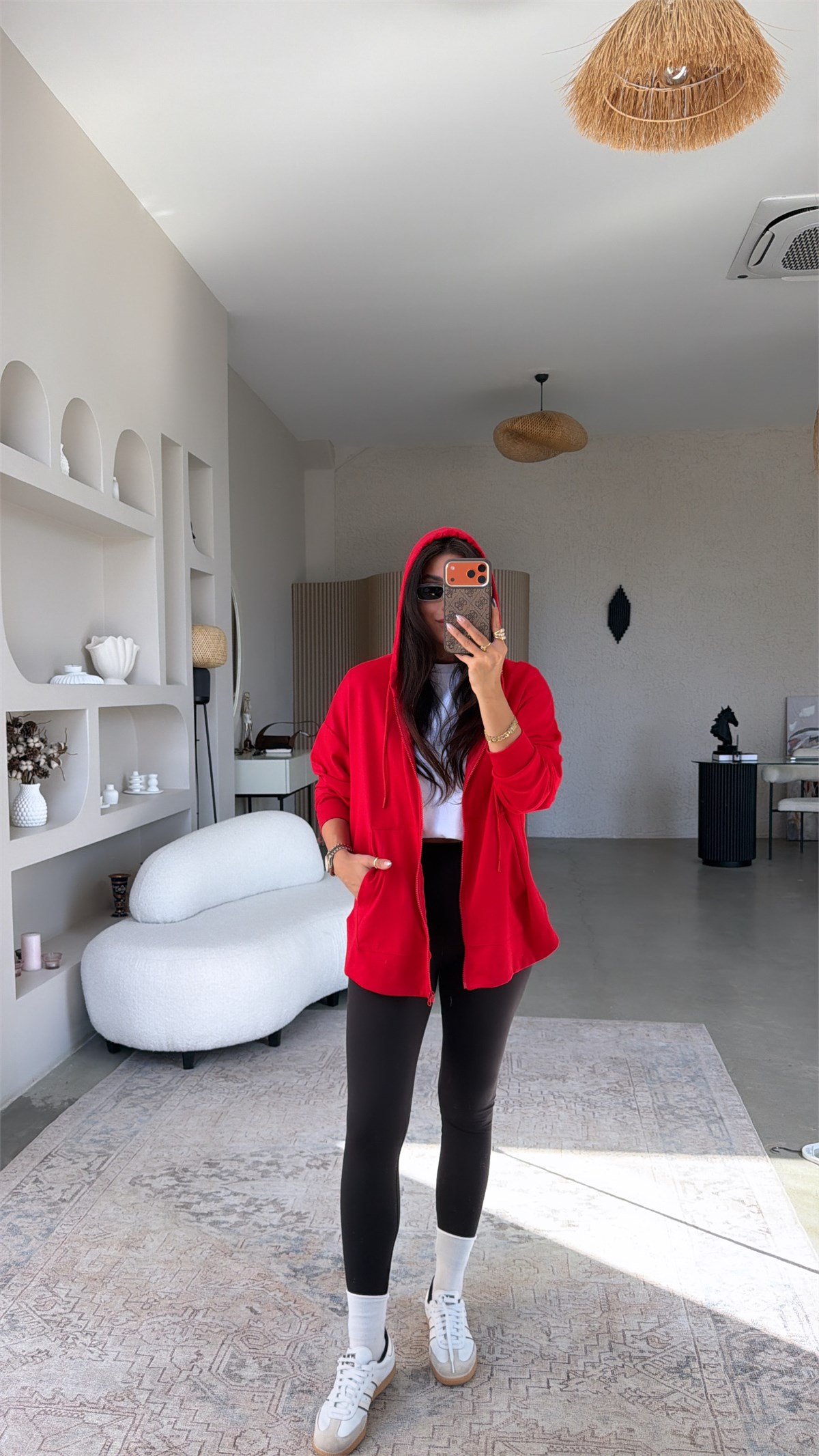 Kırmızı Fermuarlı Cepli Modal Hoodie