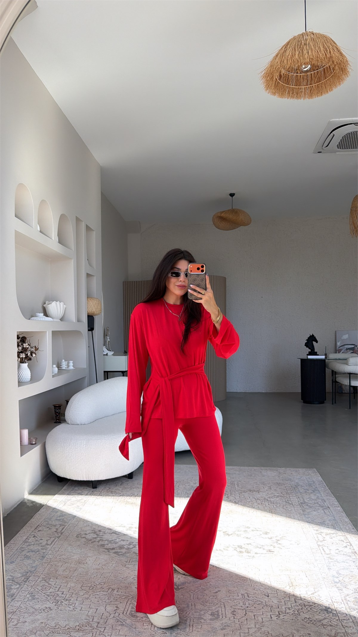 Kırmızı İnce Kumaş İspanyol Paça Takım