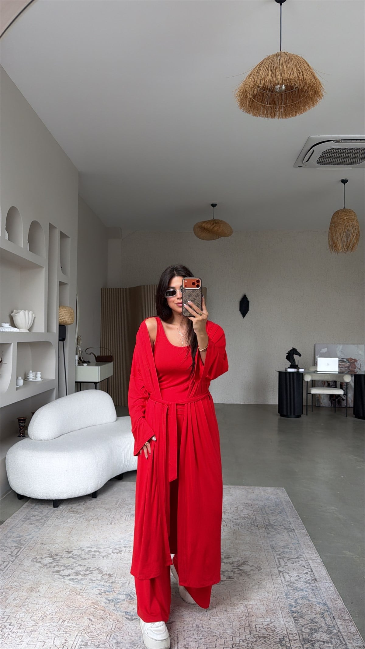 Kırmızı İnce Modal Üçlü Kimono Atlet Pantolon Takım