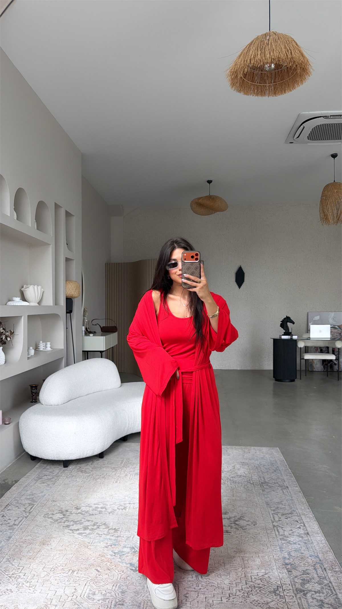 Kırmızı İnce Modal Üçlü Kimono Atlet Pantolon Takım