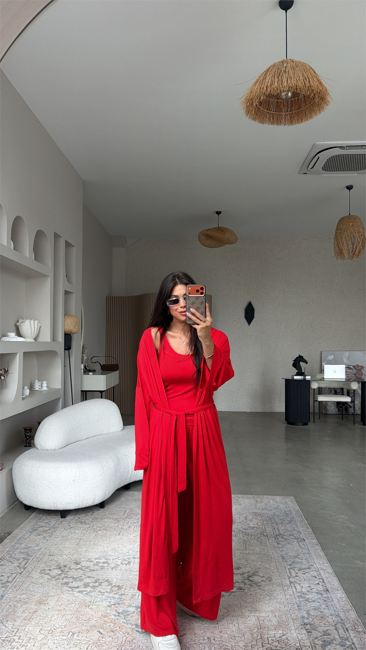 Kırmızı İnce Modal Üçlü Kimono Atlet Pantolon Takım