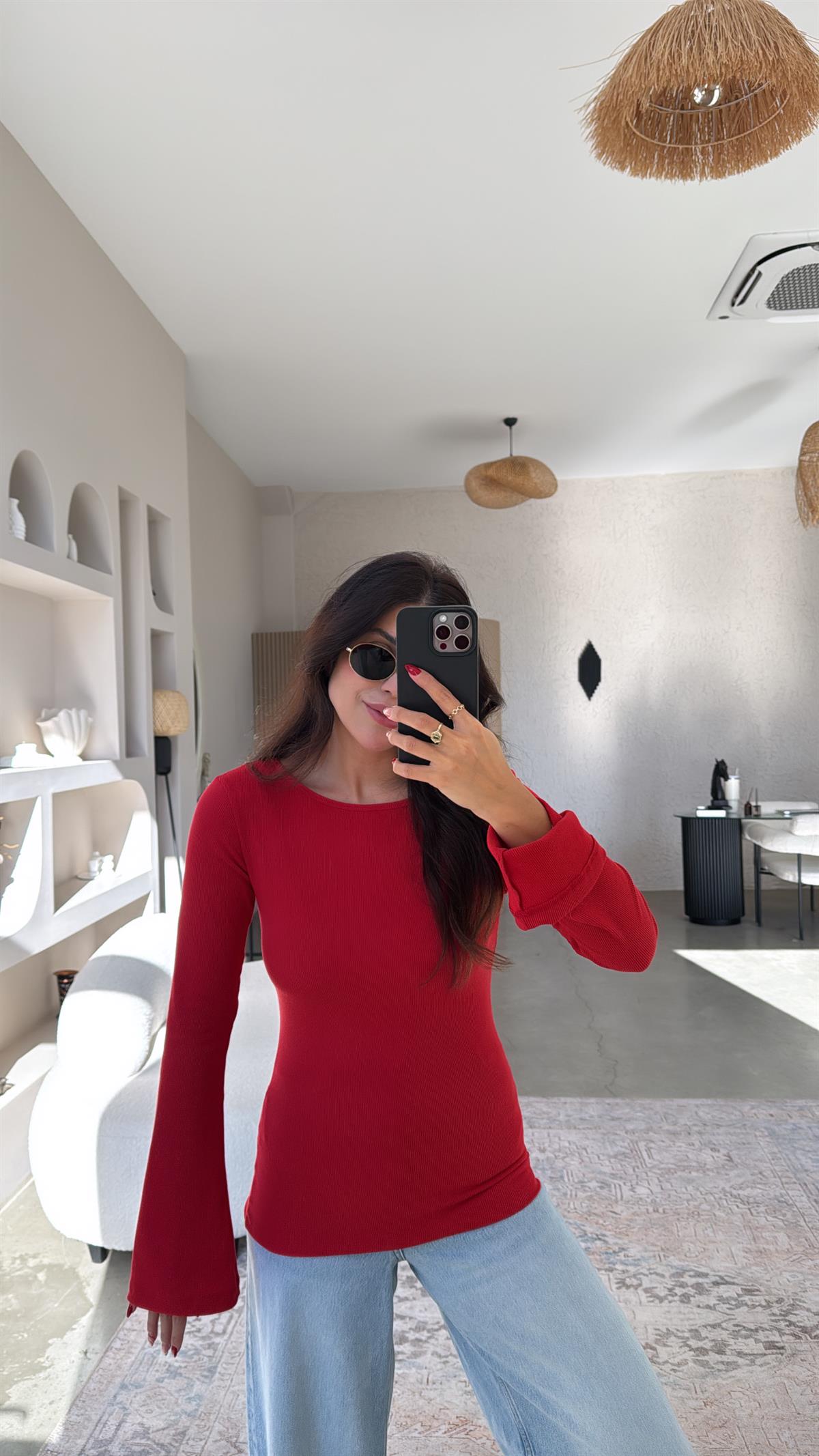 Kırmızı İspanyol Kol Ribana Body