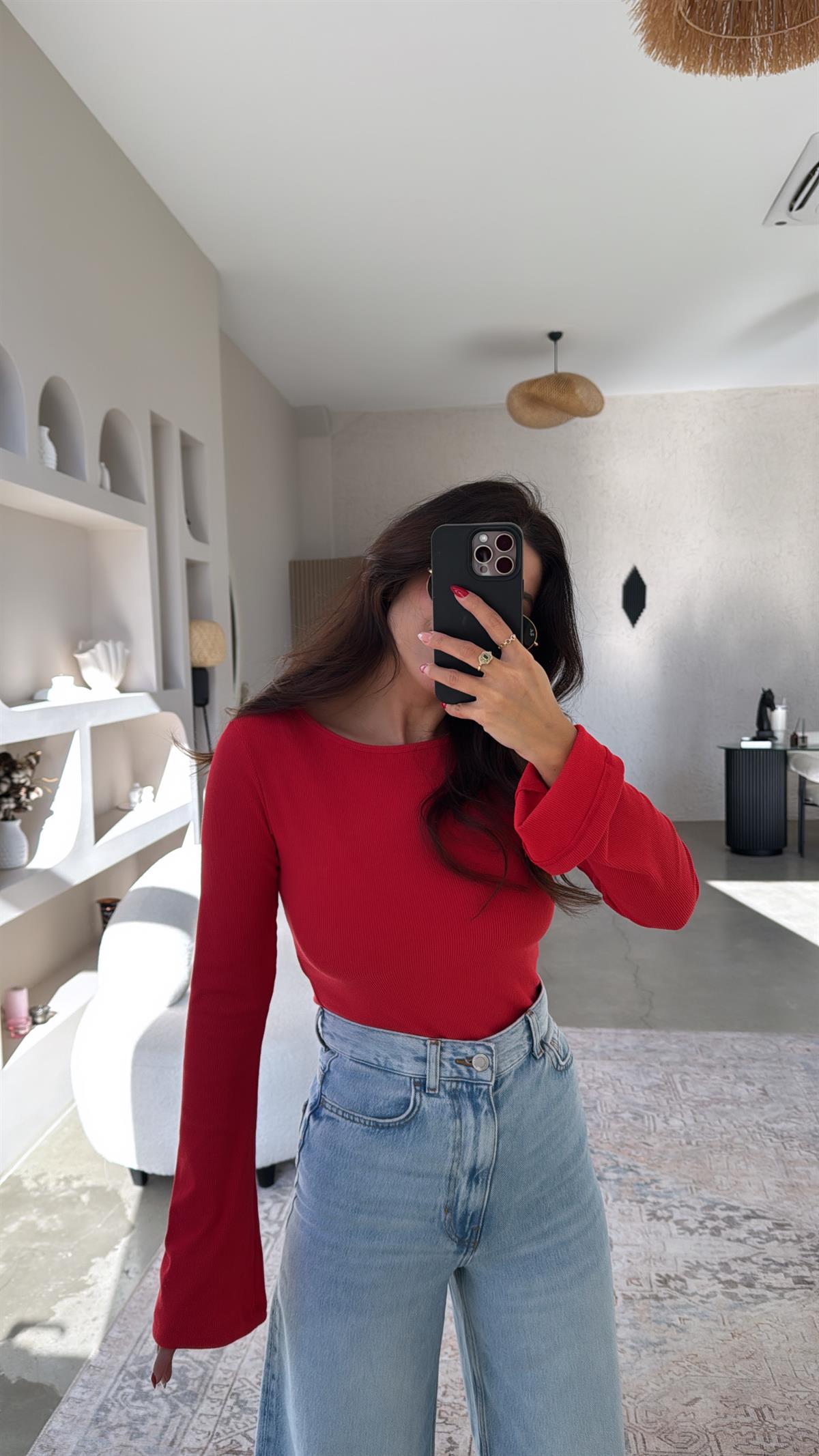 Kırmızı İspanyol Kol Ribana Body