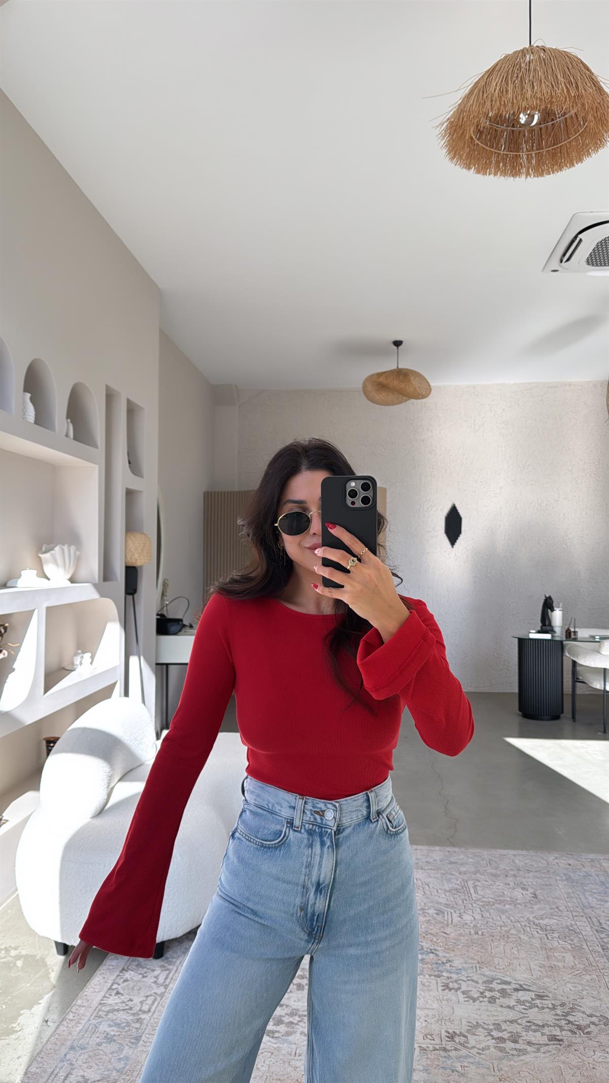 Kırmızı İspanyol Kol Ribana Body