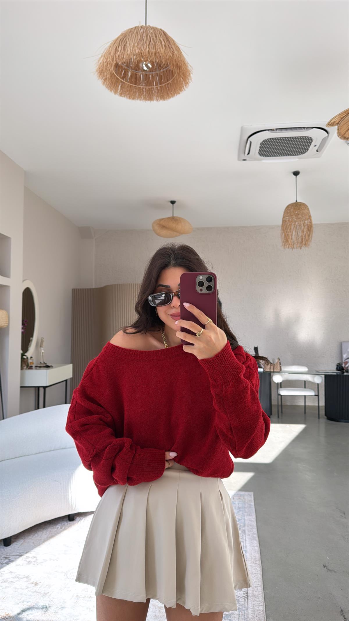 Kırmızı Kayık Yaka Saç Örgü Kazak