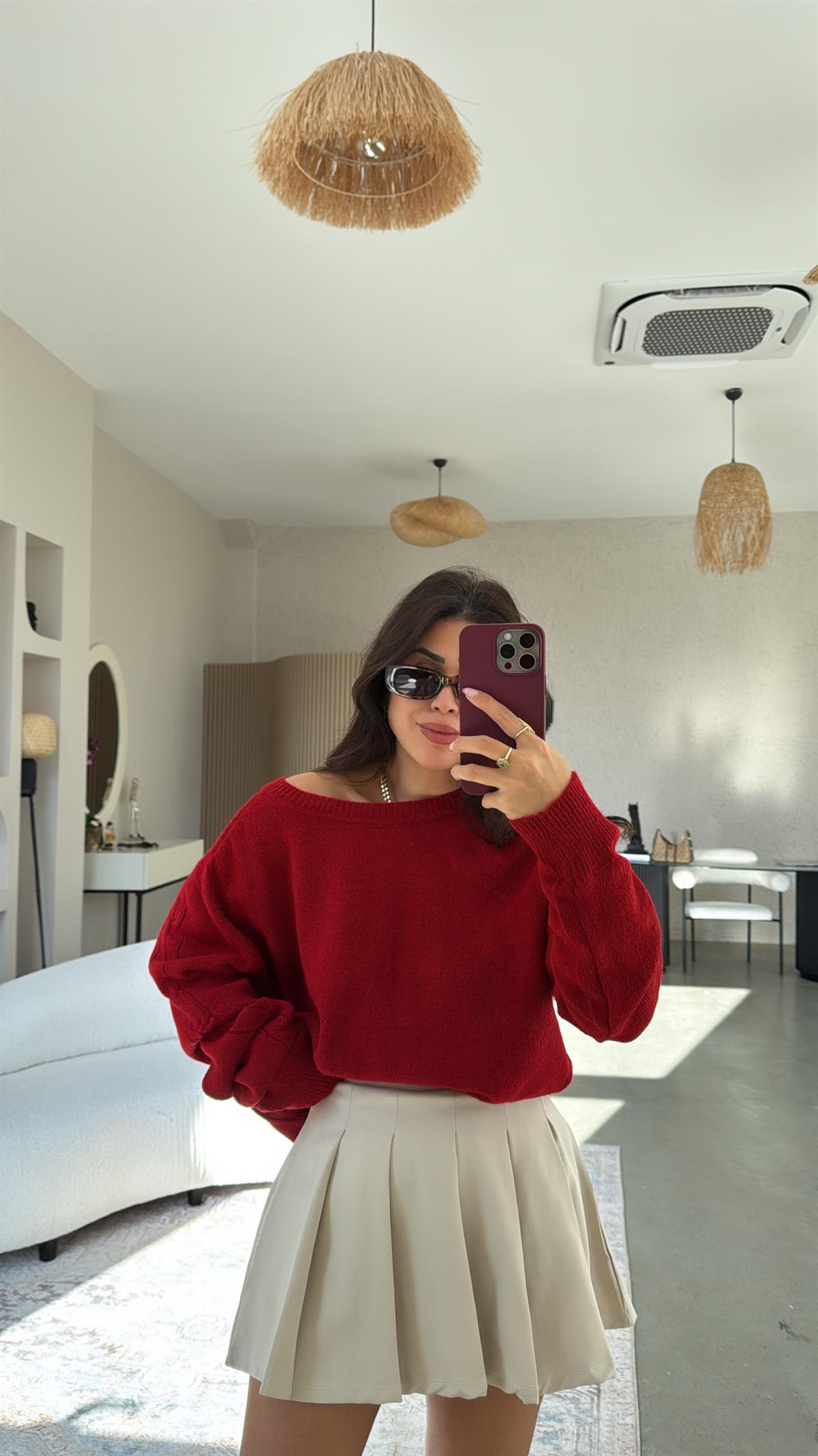 Kırmızı Kayık Yaka Saç Örgü Kazak