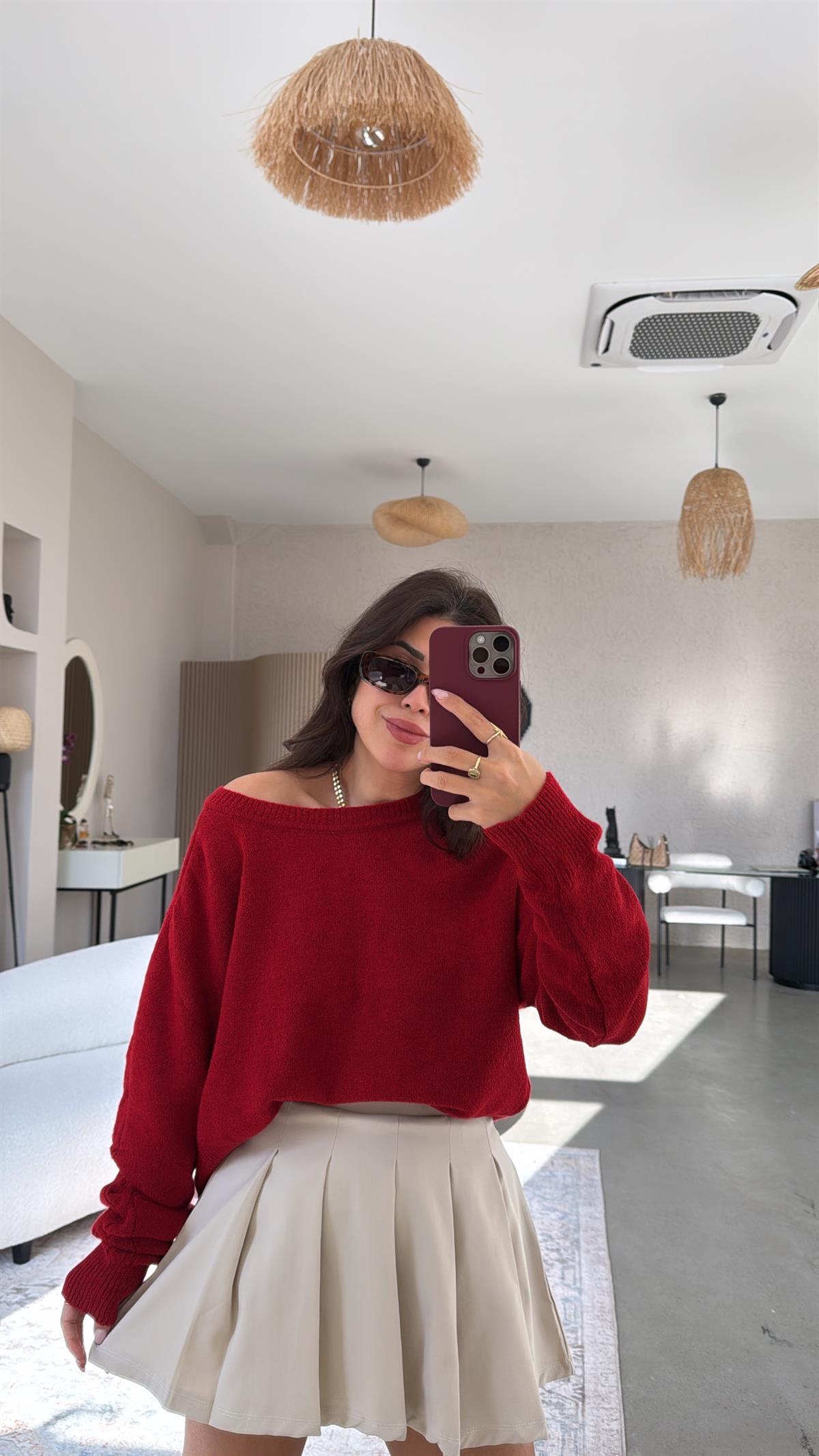 Kırmızı Kayık Yaka Saç Örgü Kazak