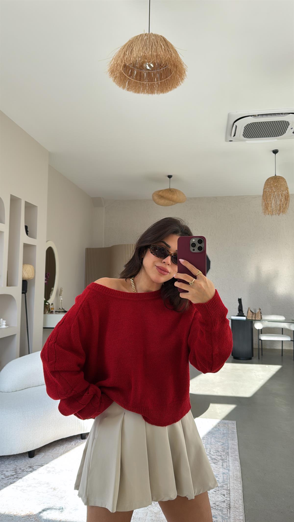 Kırmızı Kayık Yaka Saç Örgü Kazak