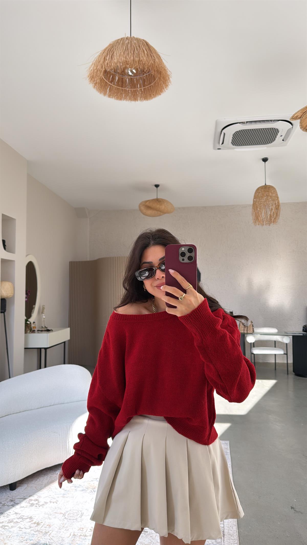 Kırmızı Kayık Yaka Saç Örgü Kazak