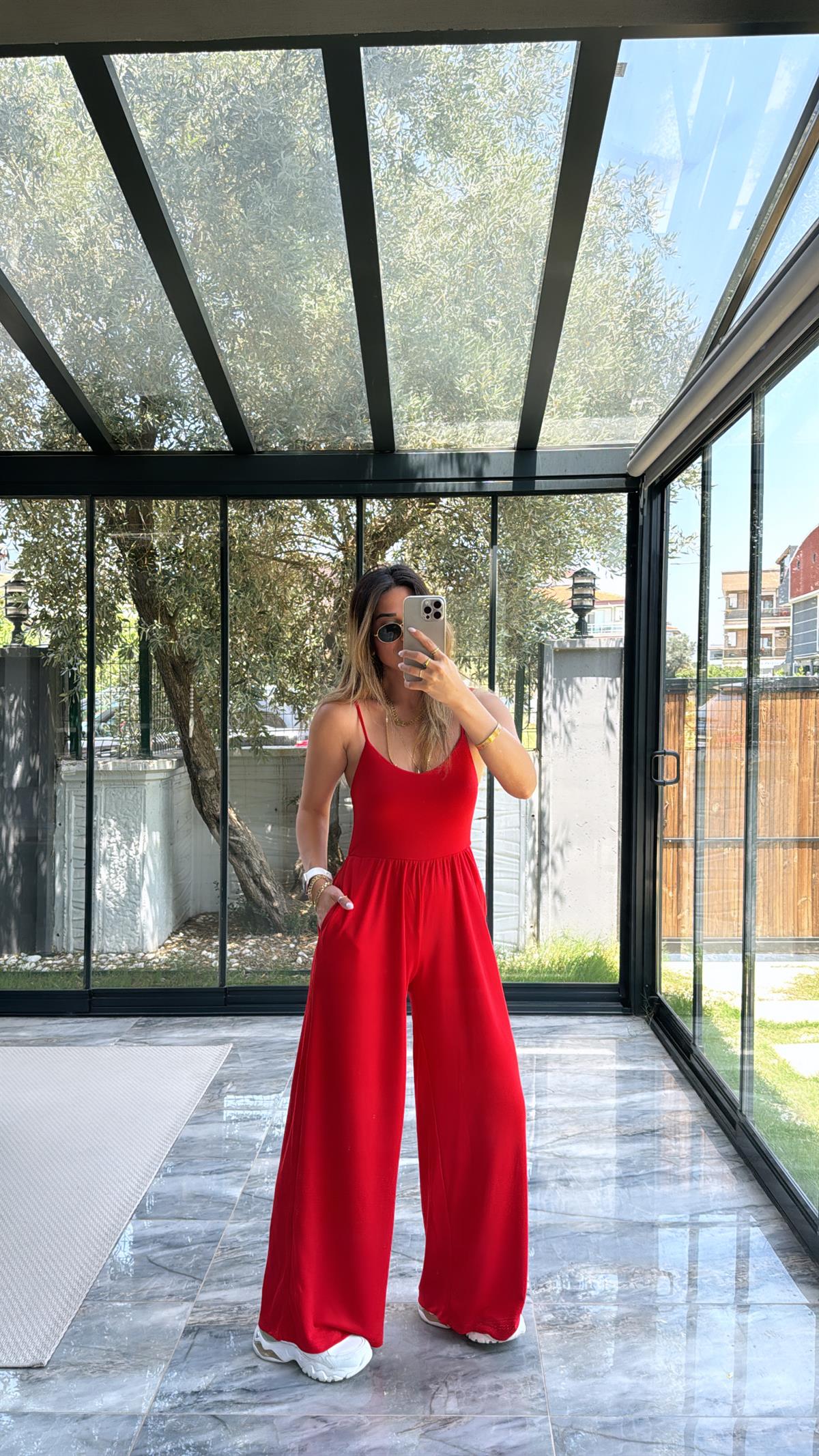 Kırmızı Modal İp Askılı Salaş Cepli Tulum