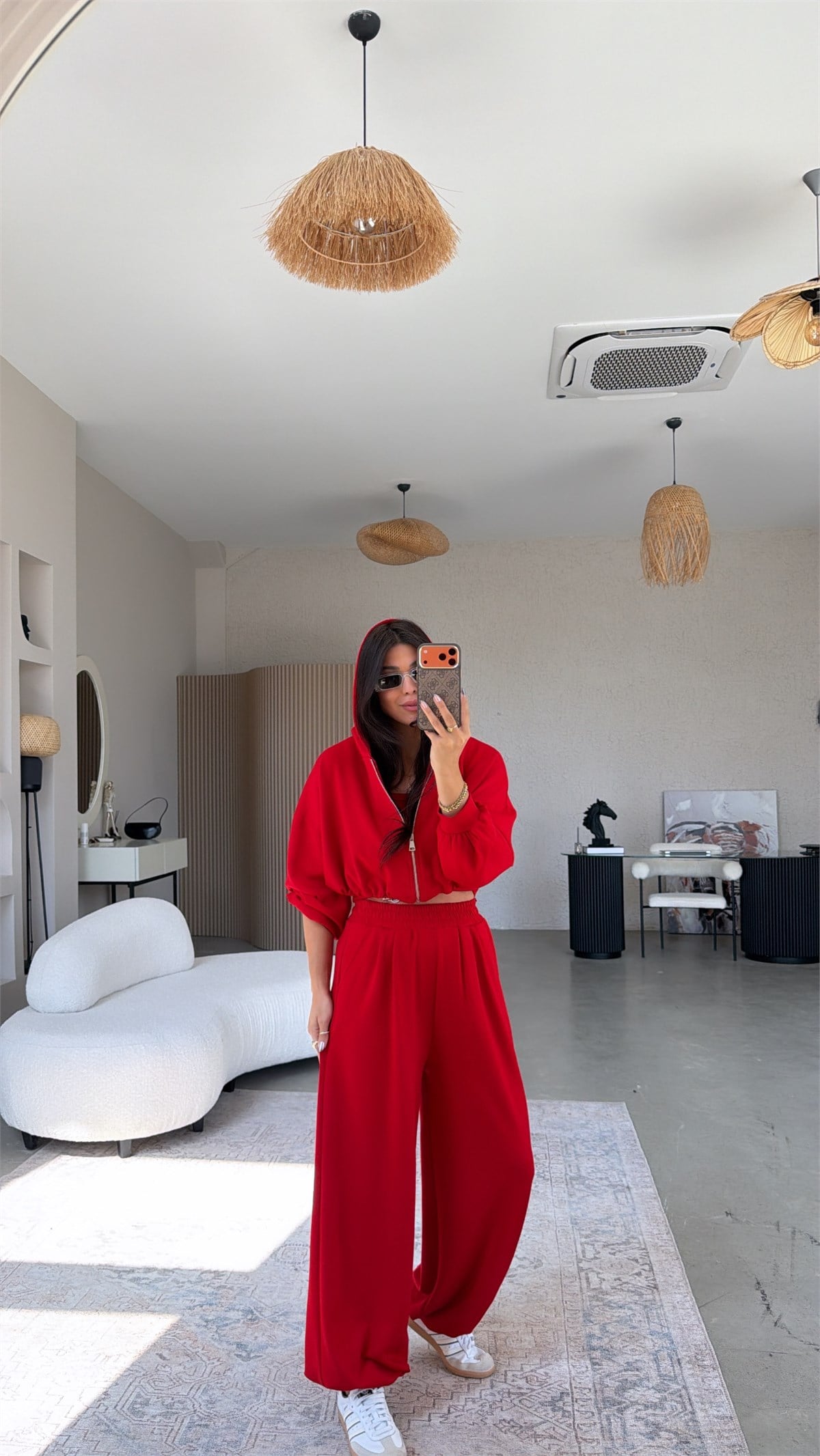 Kırmızı Modal Üçlü Atlet Hoodie Eşofman Takım