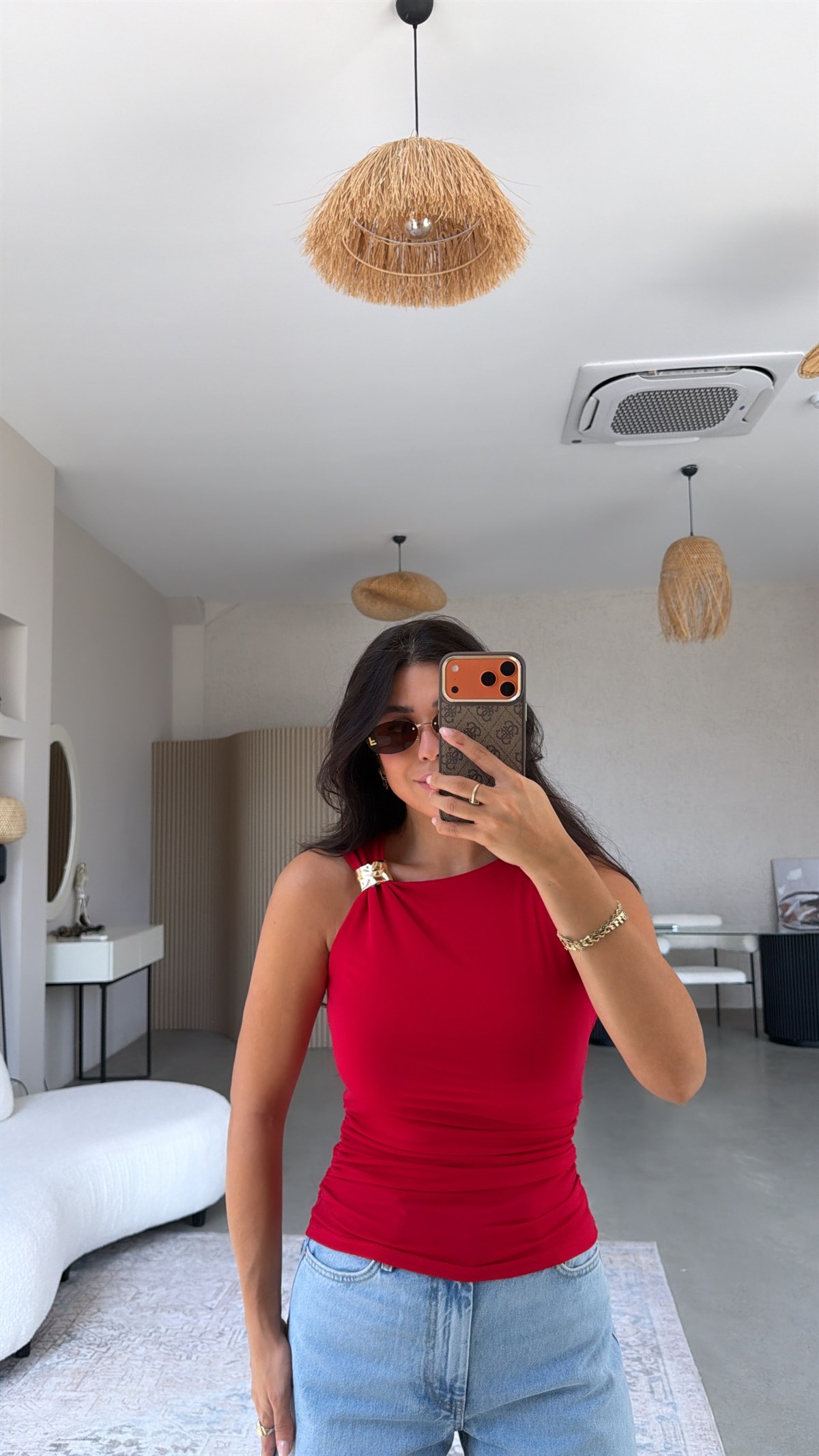Kırmızı Omuz Aksesuarlı Polyamid Bluz