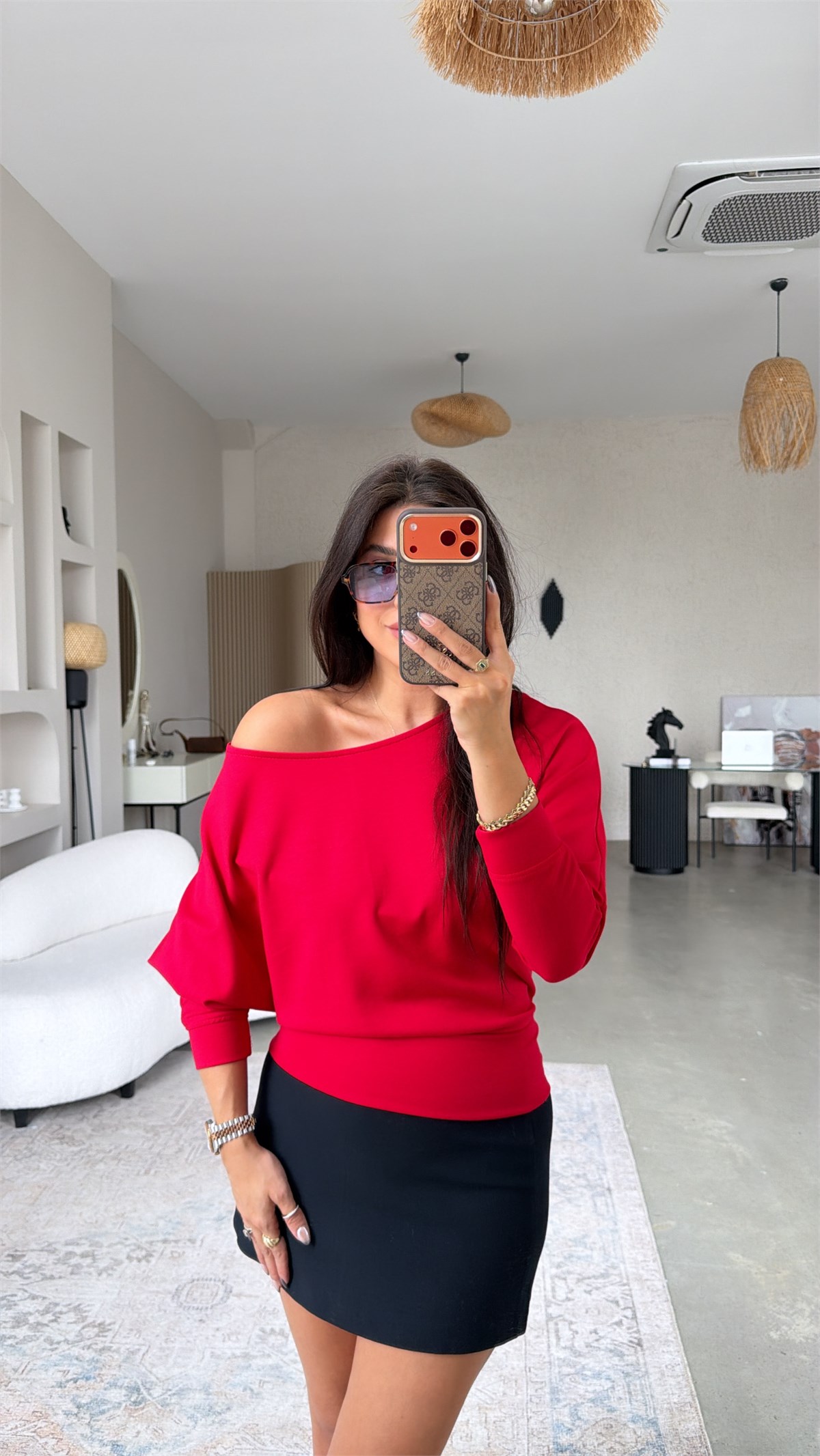 Kırmızı Omzu Açık Modal Sweatshirt