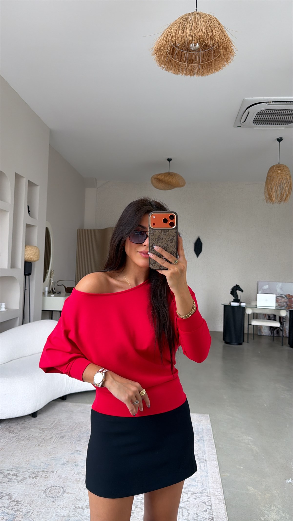Kırmızı Omzu Açık Modal Sweatshirt