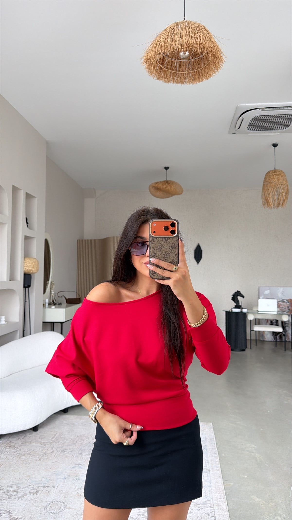 Kırmızı Omzu Açık Modal Sweatshirt