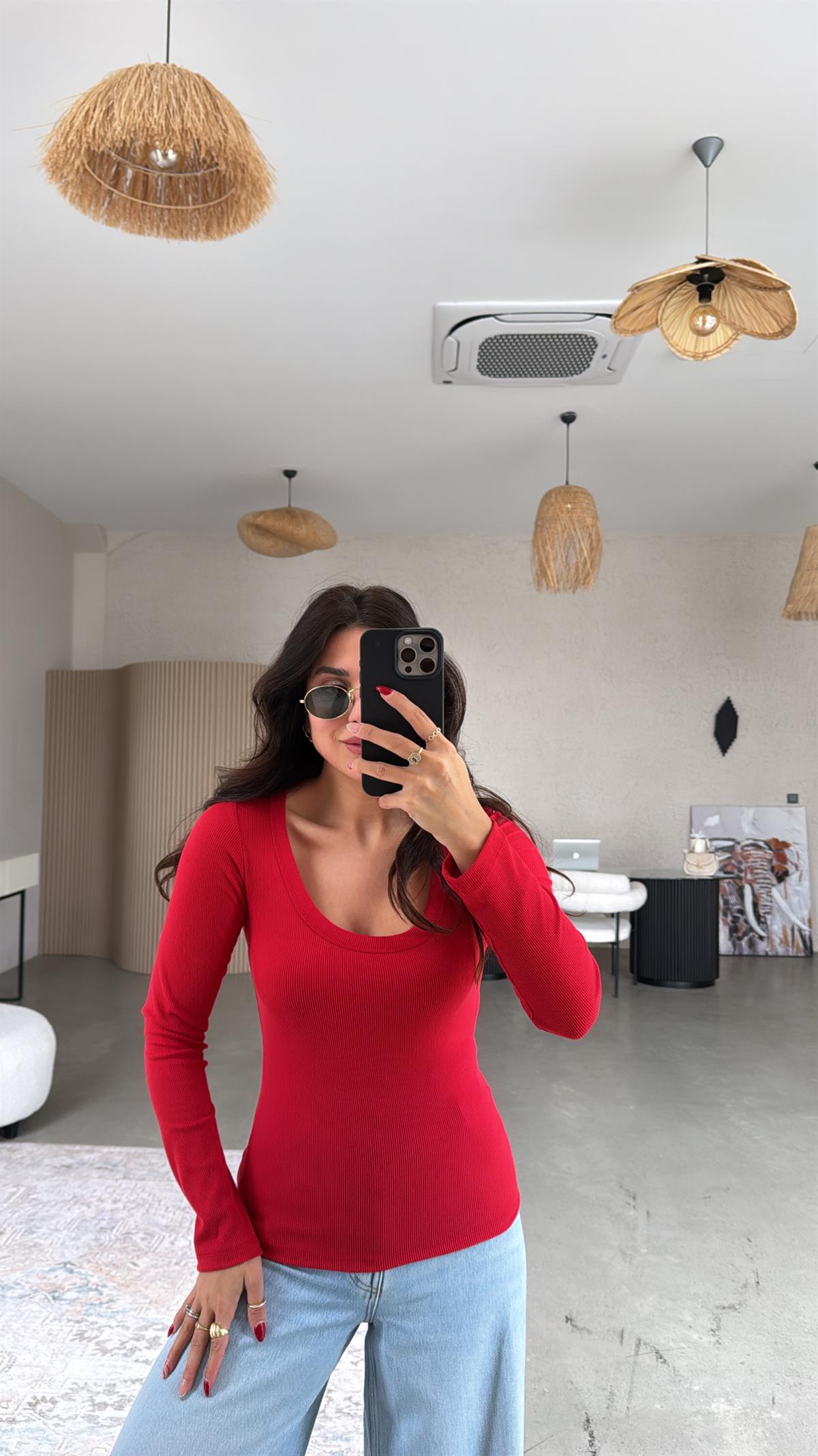 Kırmızı U Yaka Uzun Kollu Fitilli Basic