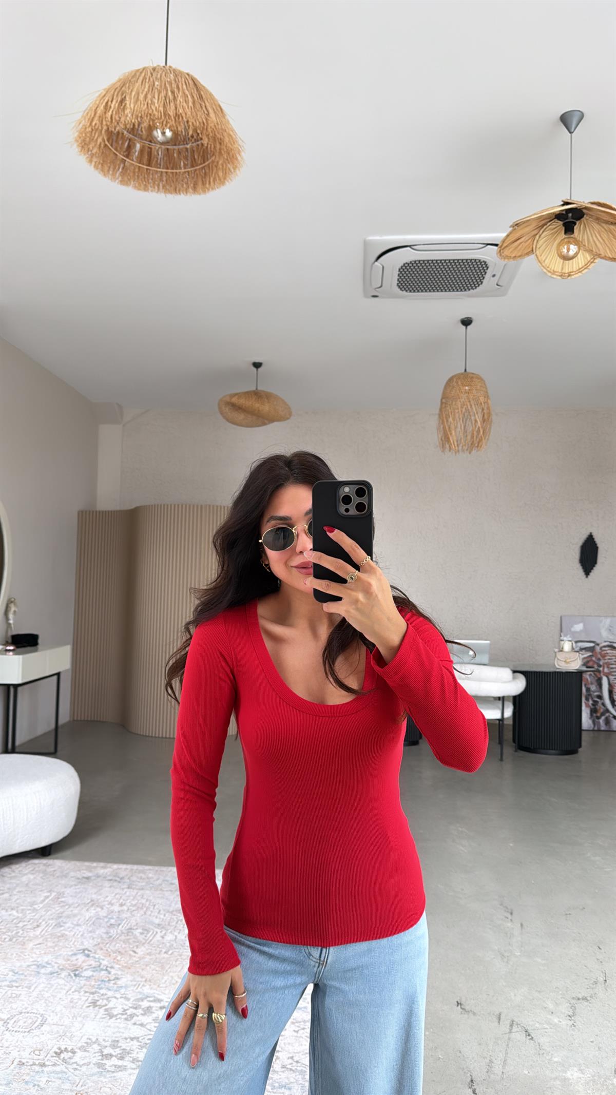 Kırmızı U Yaka Uzun Kollu Fitilli Basic
