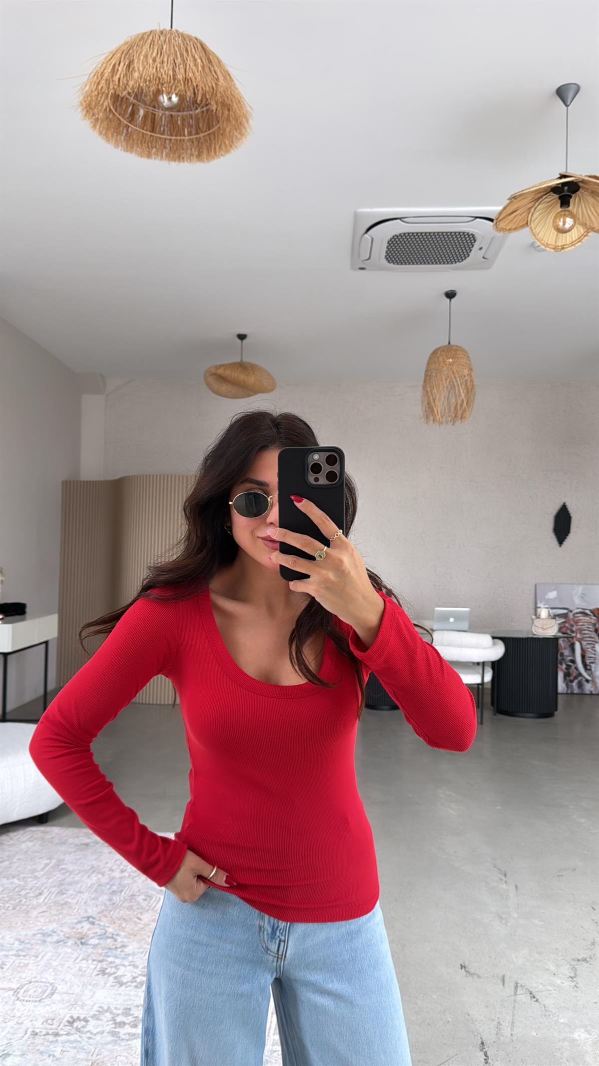 Kırmızı U Yaka Uzun Kollu Fitilli Basic